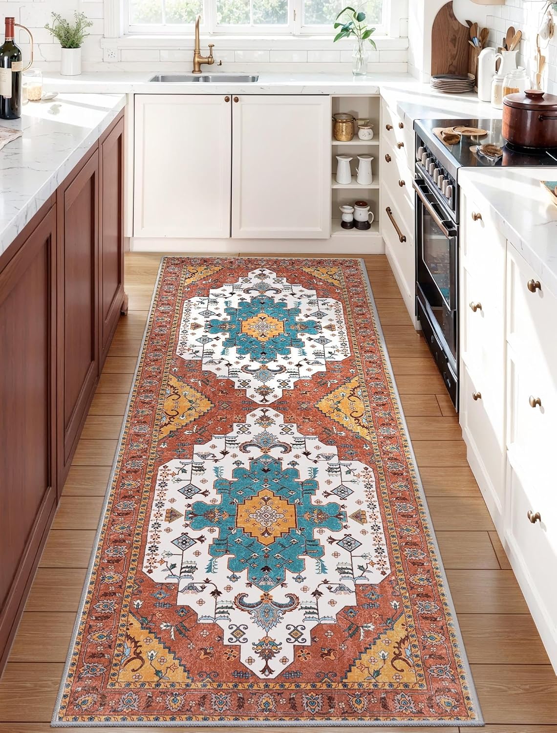 SERISSA Washable Rugs 8x10 Area Rugs, Large Non-Slip Boho Living Room Rust Rug, Ultra Soft Vintage Print Distressed Oriental Tribal Farmhouse Carpet for Dining Room Bedroom Dorm Office Home Decor