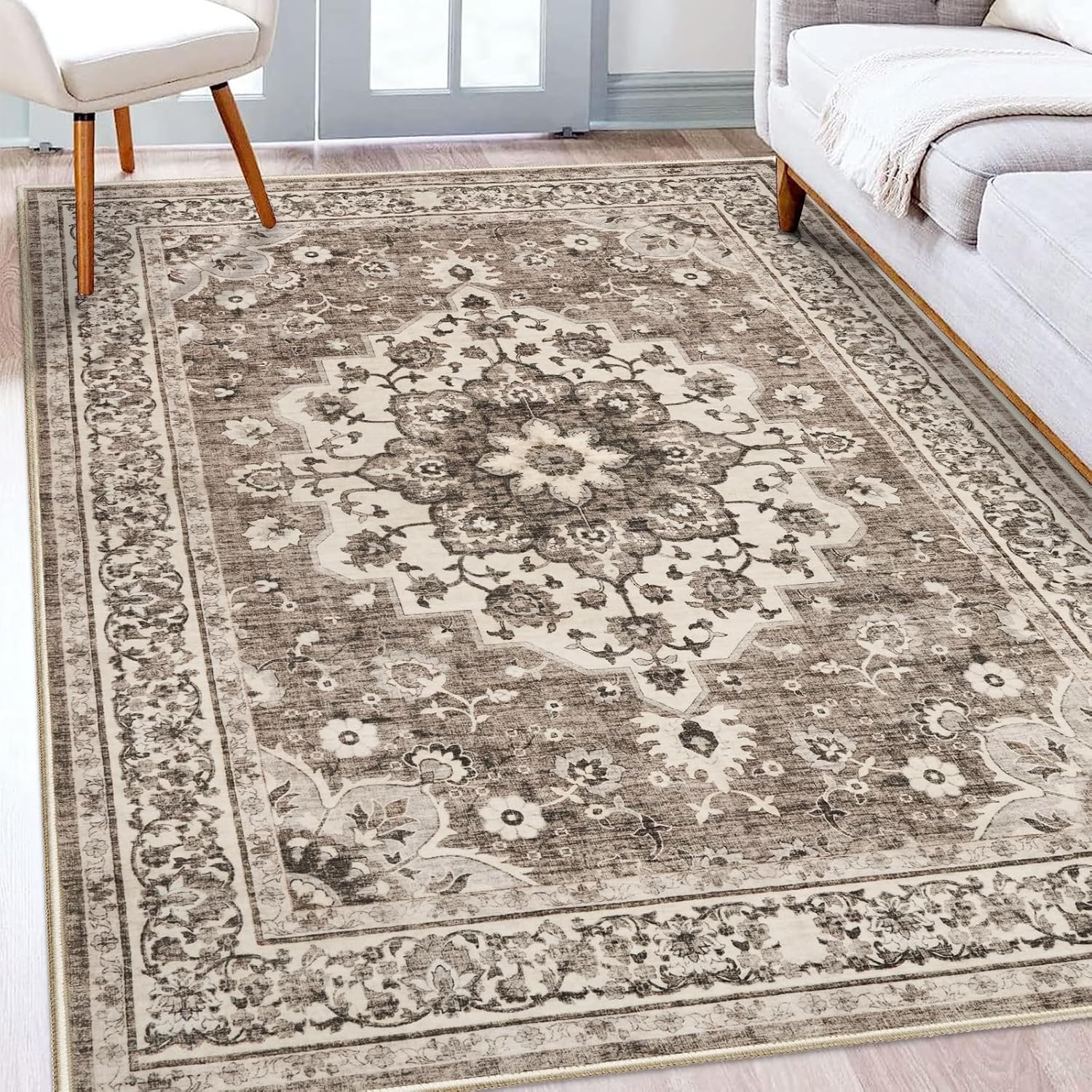 Washable Oriental Area Rug - 9x12 Rugs for Living Room Soft Carpet for Bedroom Waterproof Floral Distressed Indoor Stain Resistant Non-Shedding Floor Carpets (Green, 9x12)