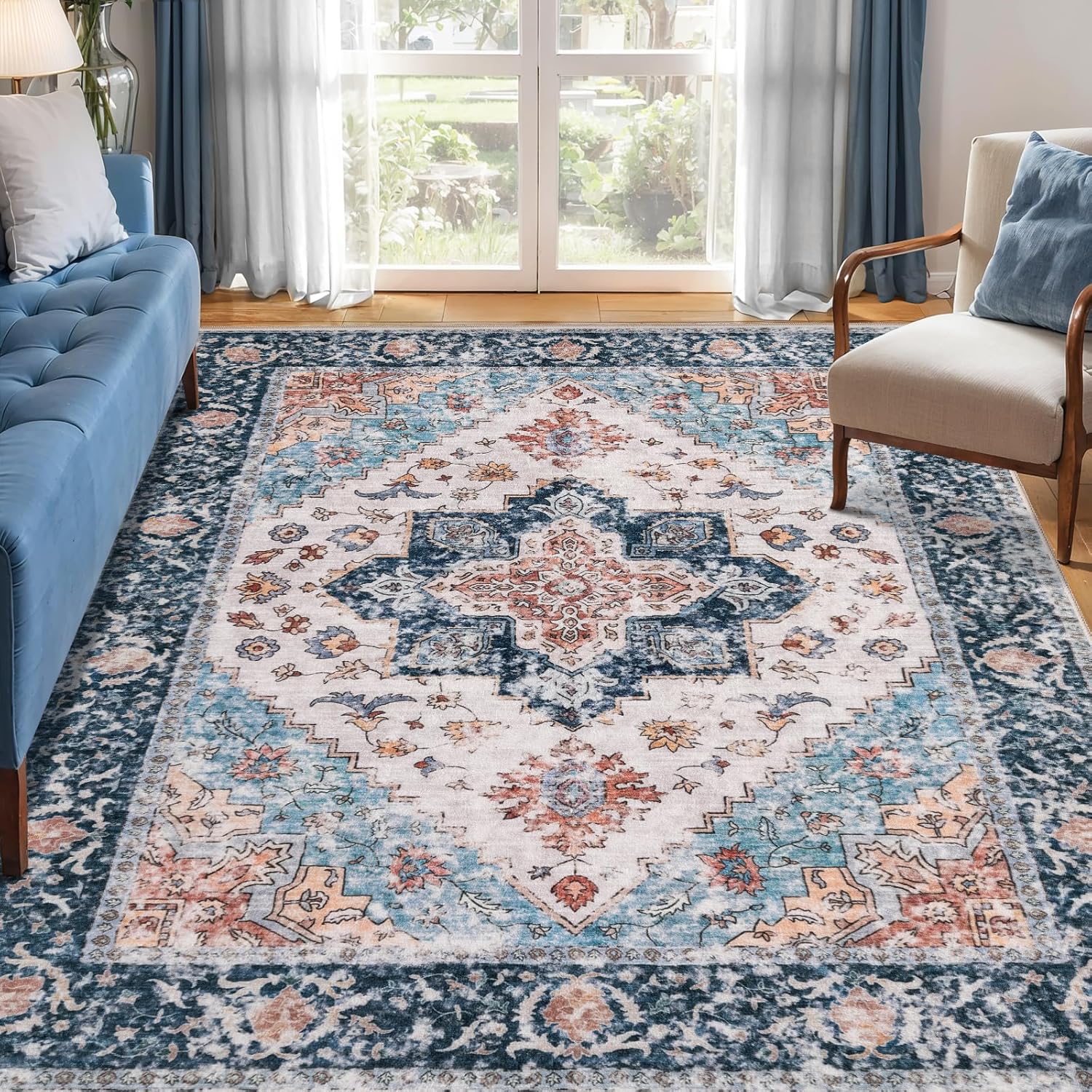 SERISSA Washable Rugs 8x10 Area Rugs, Large Non-Slip Boho Living Room Rust Rug, Ultra Soft Vintage Print Distressed Oriental Tribal Farmhouse Carpet for Dining Room Bedroom Dorm Office Home Decor