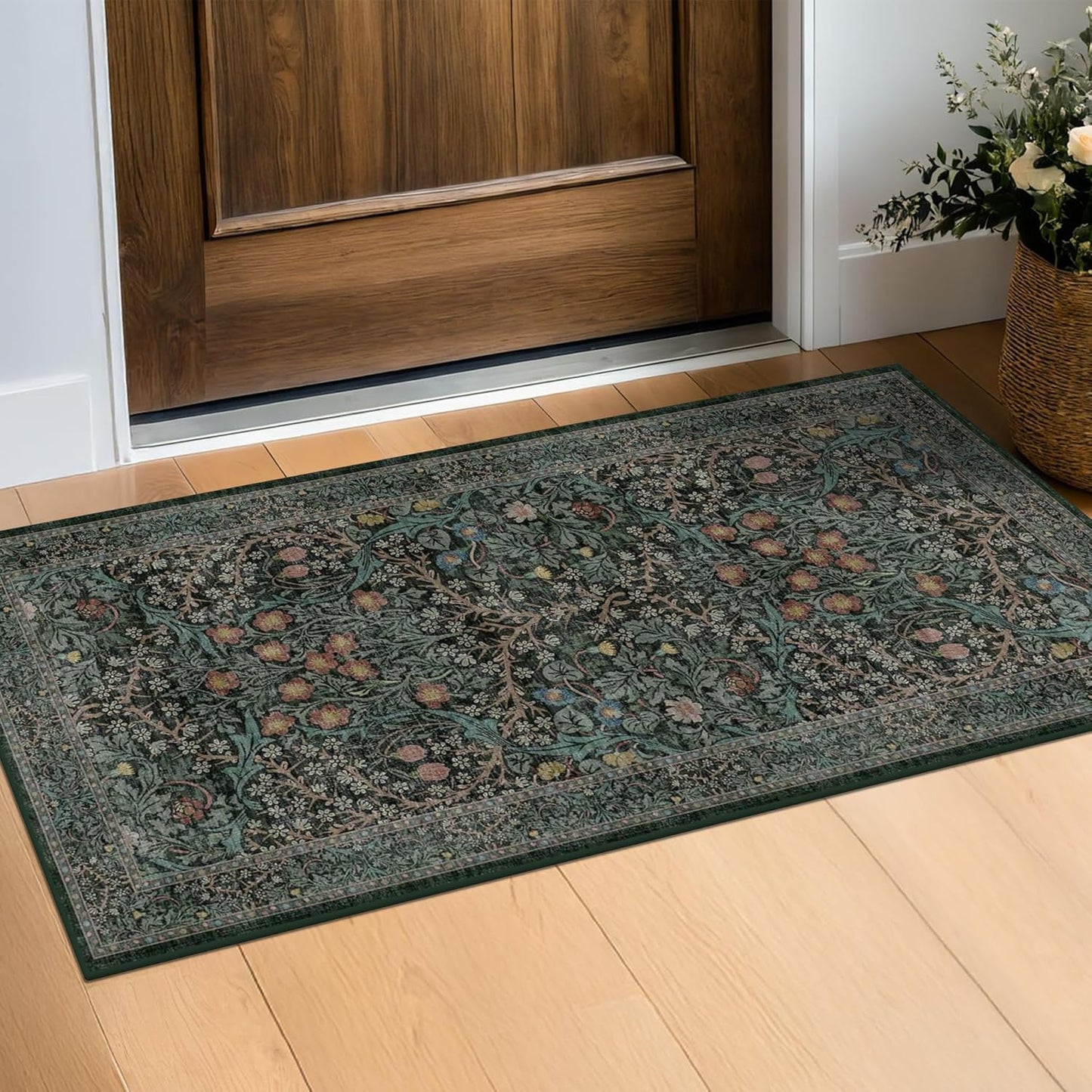 Vintage Dark Green Living Room Rug, 8x10 Washable Area Rugs for Dining Room Under Kitchen Table, Bedroom, Oriental Low Pile Stain Resistant Non-Slip Large Carpet (8x10 Dark Green)
