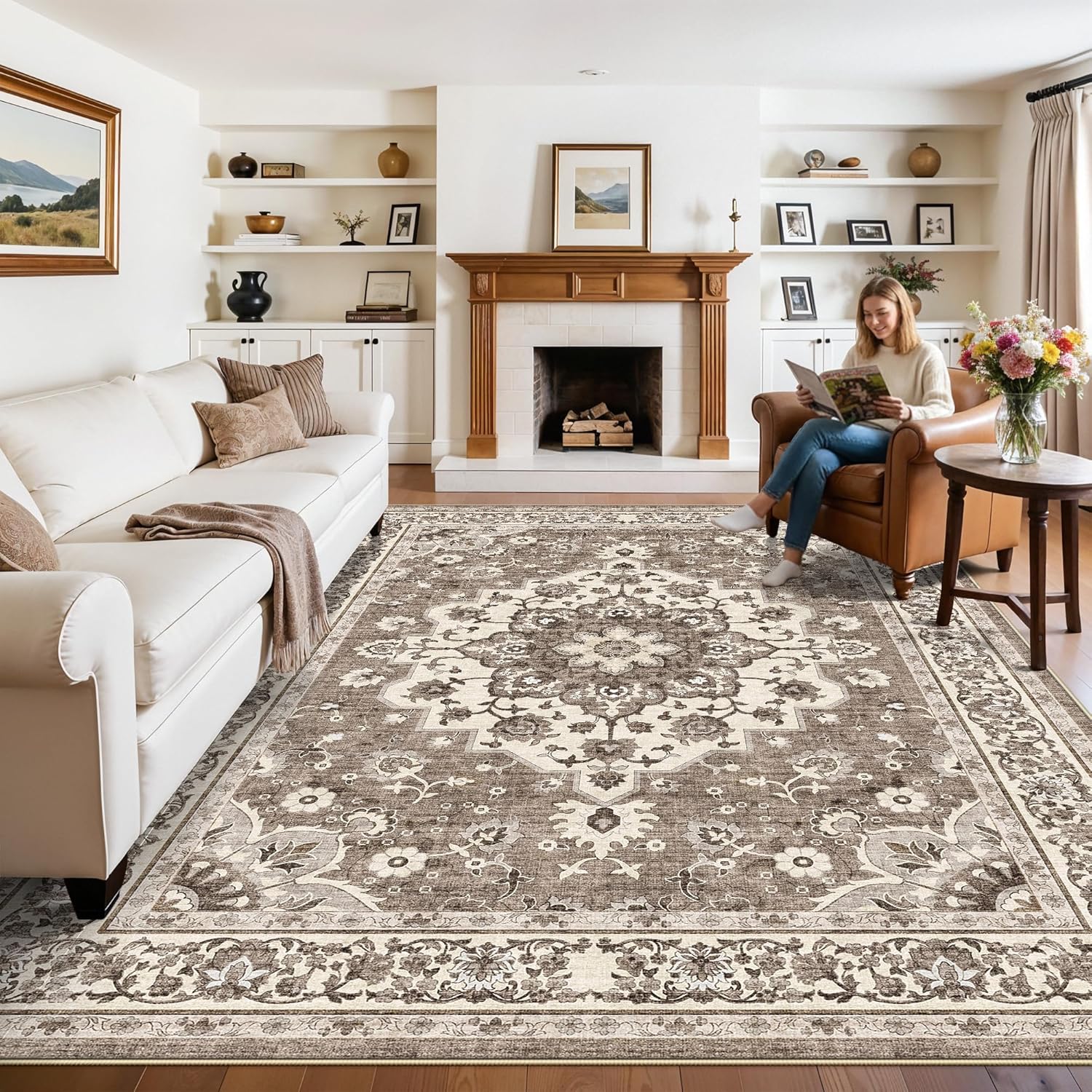 Washable Oriental Area Rug - 9x12 Rugs for Living Room Soft Carpet for Bedroom Waterproof Floral Distressed Indoor Stain Resistant Non-Shedding Floor Carpets (Green, 9x12)