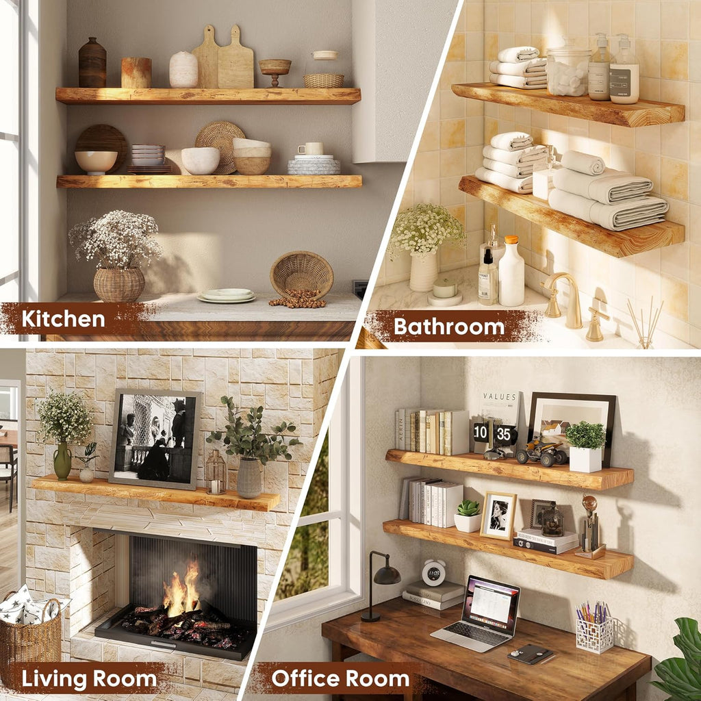 Floating Shelves Set of 2, Solid Elm Wood Wall Shelves 24 Inch - Invisible Bracket Mount for Living Room, Bedroom, Kitchen, Bathroom - Natural