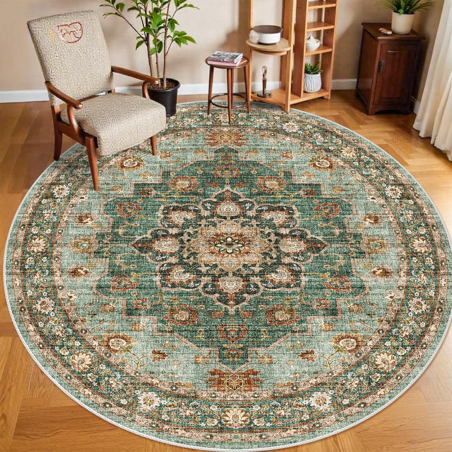 Washable Oriental Area Rug - 9x12 Rugs for Living Room Soft Carpet for Bedroom Waterproof Floral Distressed Indoor Stain Resistant Non-Shedding Floor Carpets (Green, 9x12)