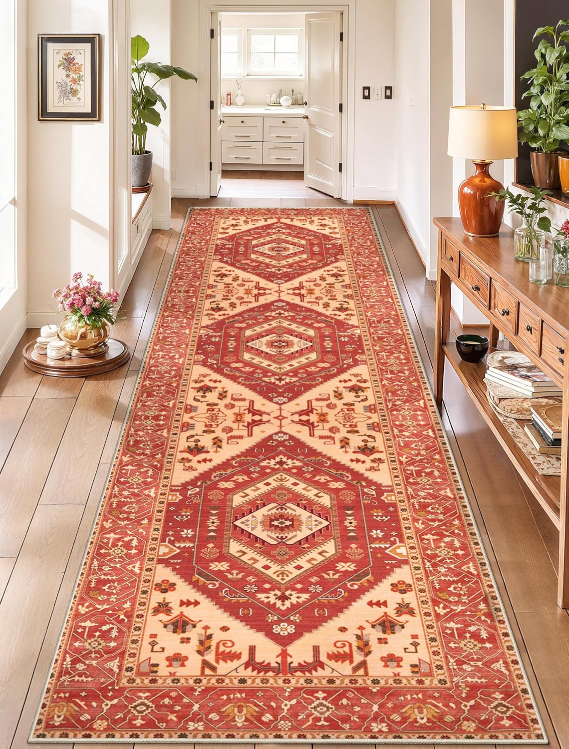 SERISSA Washable Rugs 8x10 Area Rugs, Large Non-Slip Boho Living Room Rust Rug, Ultra Soft Vintage Print Distressed Oriental Tribal Farmhouse Carpet for Dining Room Bedroom Dorm Office Home Decor