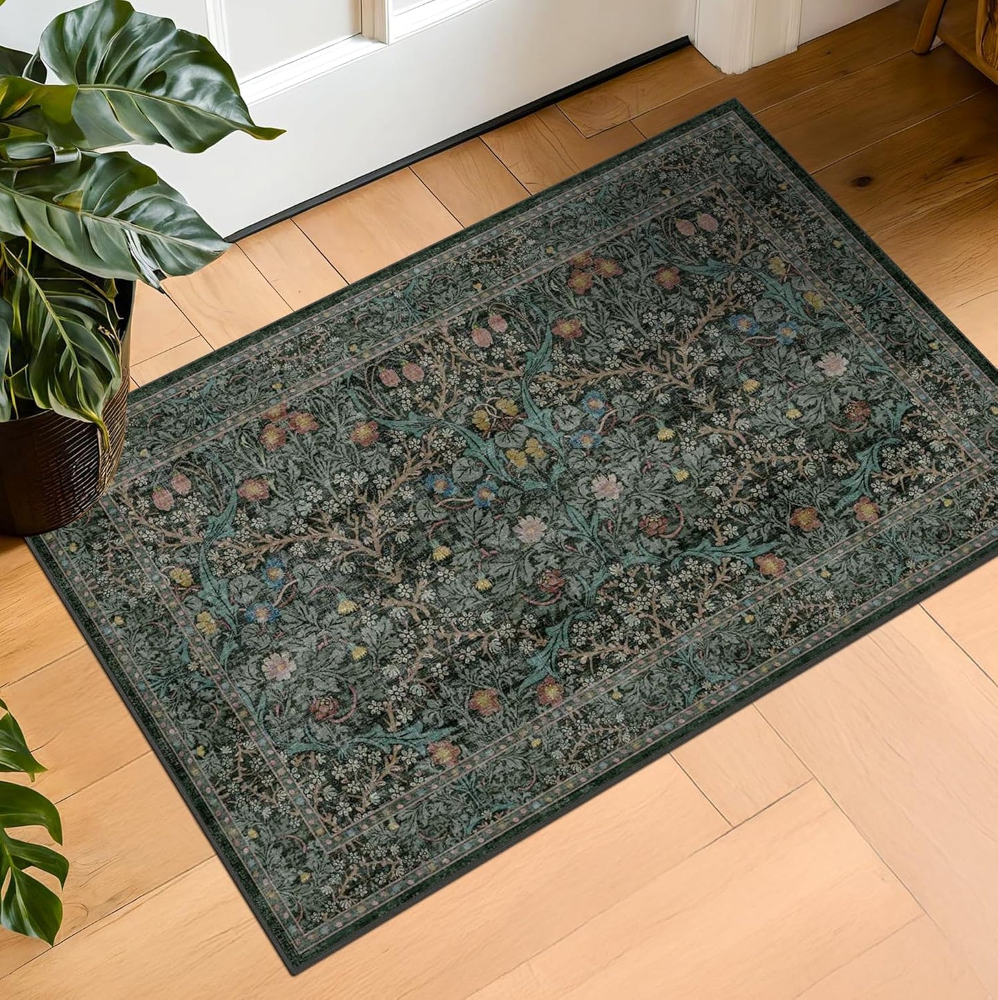 Vintage Dark Green Living Room Rug, 8x10 Washable Area Rugs for Dining Room Under Kitchen Table, Bedroom, Oriental Low Pile Stain Resistant Non-Slip Large Carpet (8x10 Dark Green)