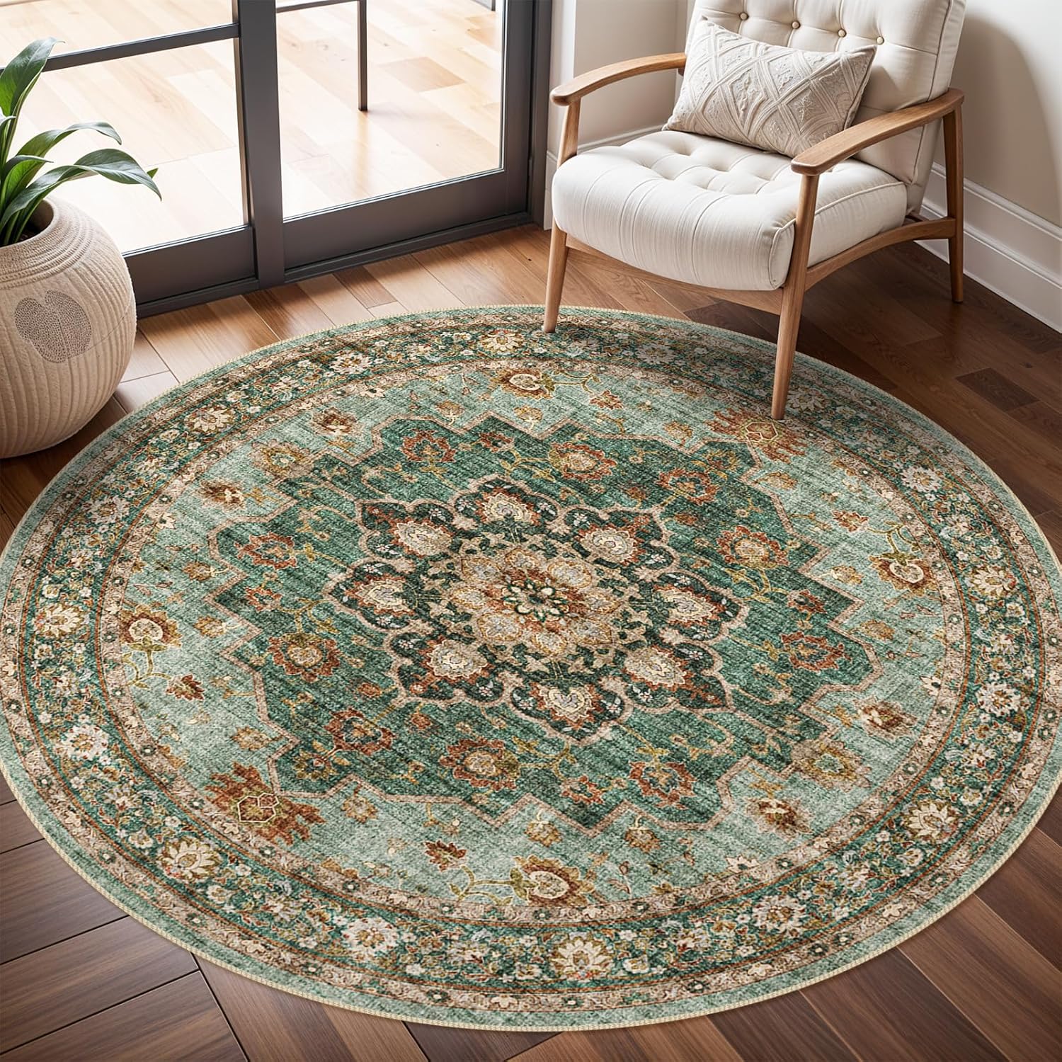 Washable Oriental Area Rug - 9x12 Rugs for Living Room Soft Carpet for Bedroom Waterproof Floral Distressed Indoor Stain Resistant Non-Shedding Floor Carpets (Green, 9x12)