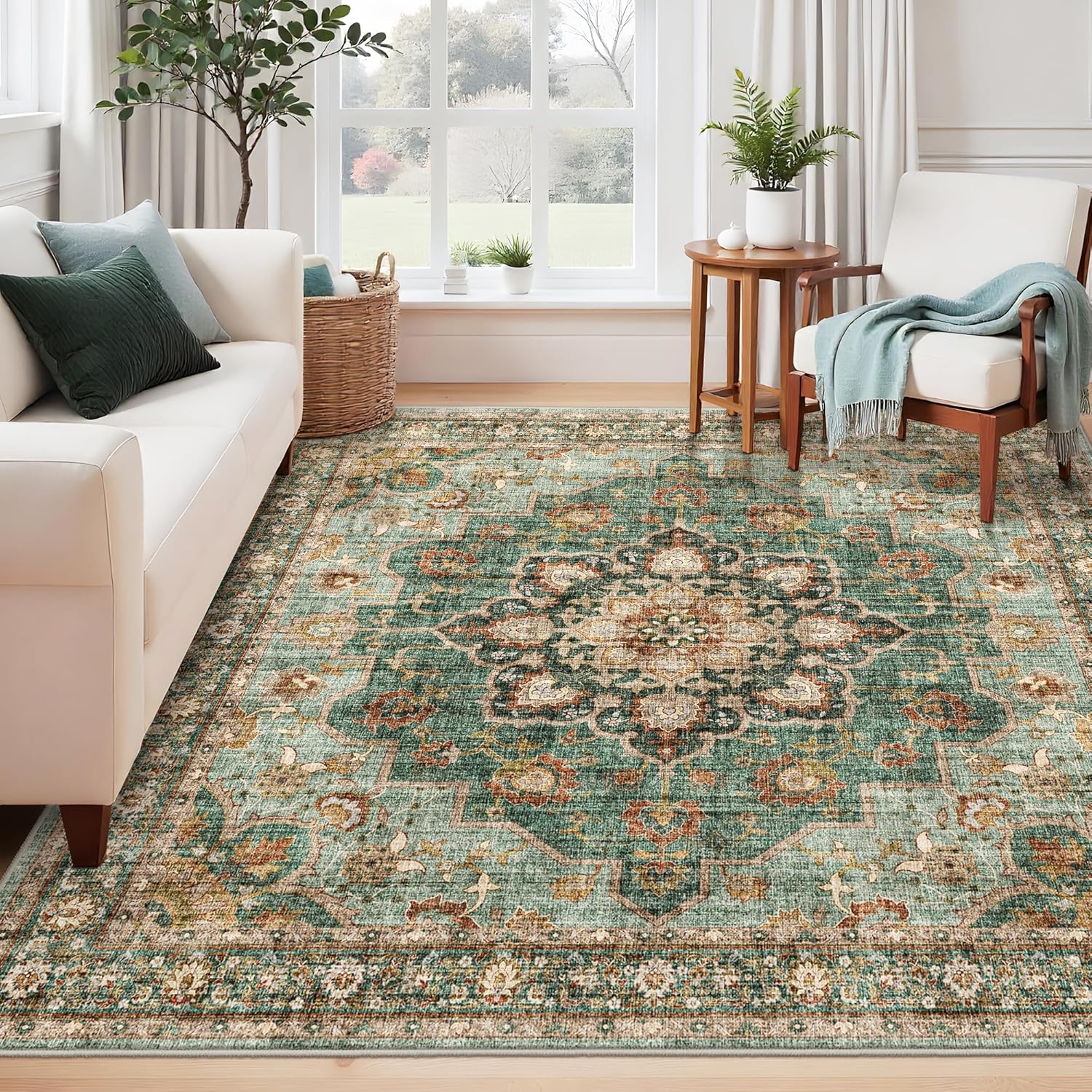 Washable Oriental Area Rug - 9x12 Rugs for Living Room Soft Carpet for Bedroom Waterproof Floral Distressed Indoor Stain Resistant Non-Shedding Floor Carpets (Green, 9x12)