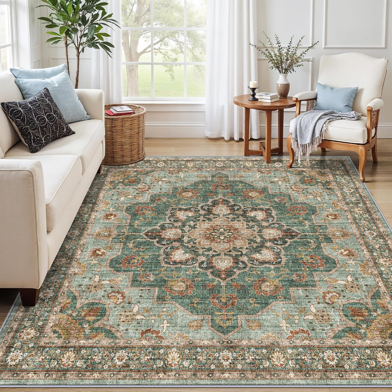 Washable Oriental Area Rug - 9x12 Rugs for Living Room Soft Carpet for Bedroom Waterproof Floral Distressed Indoor Stain Resistant Non-Shedding Floor Carpets (Green, 9x12)
