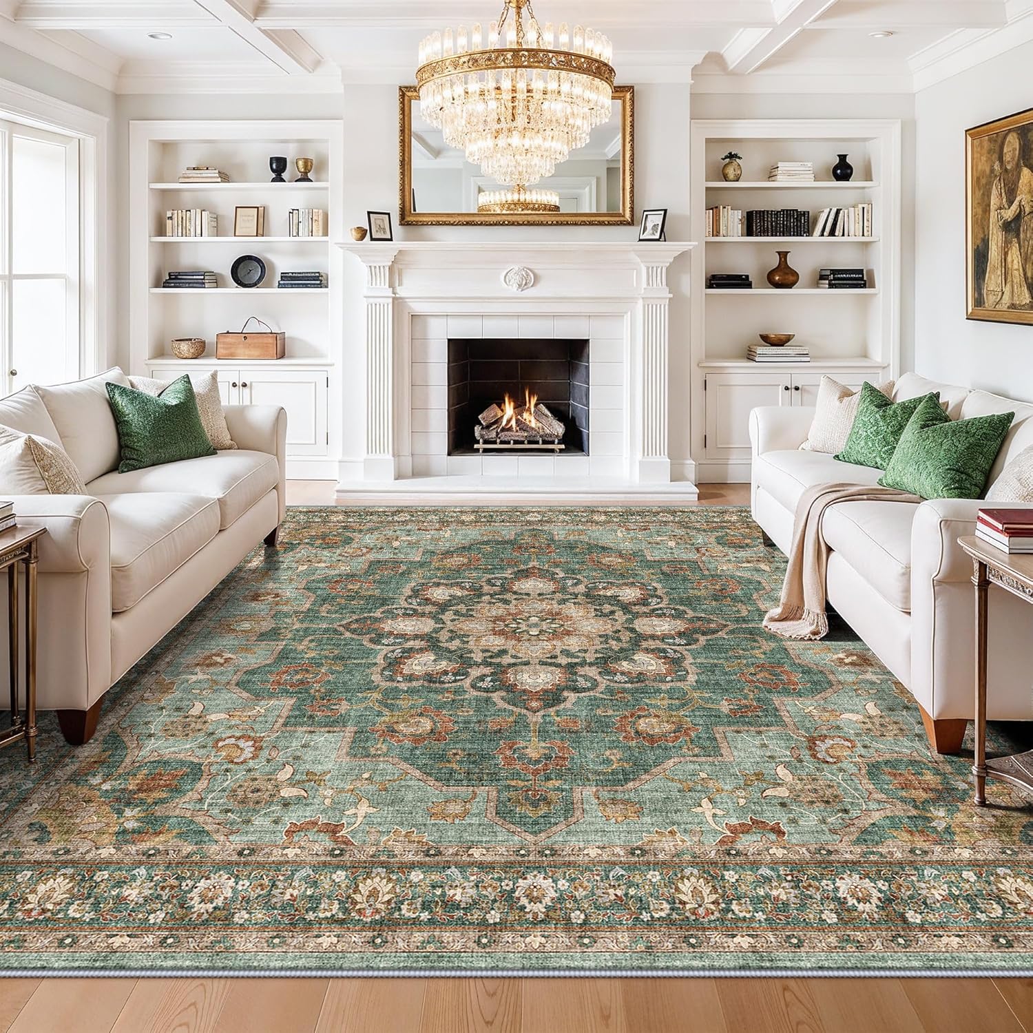 Washable Oriental Area Rug - 9x12 Rugs for Living Room Soft Carpet for Bedroom Waterproof Floral Distressed Indoor Stain Resistant Non-Shedding Floor Carpets (Green, 9x12)