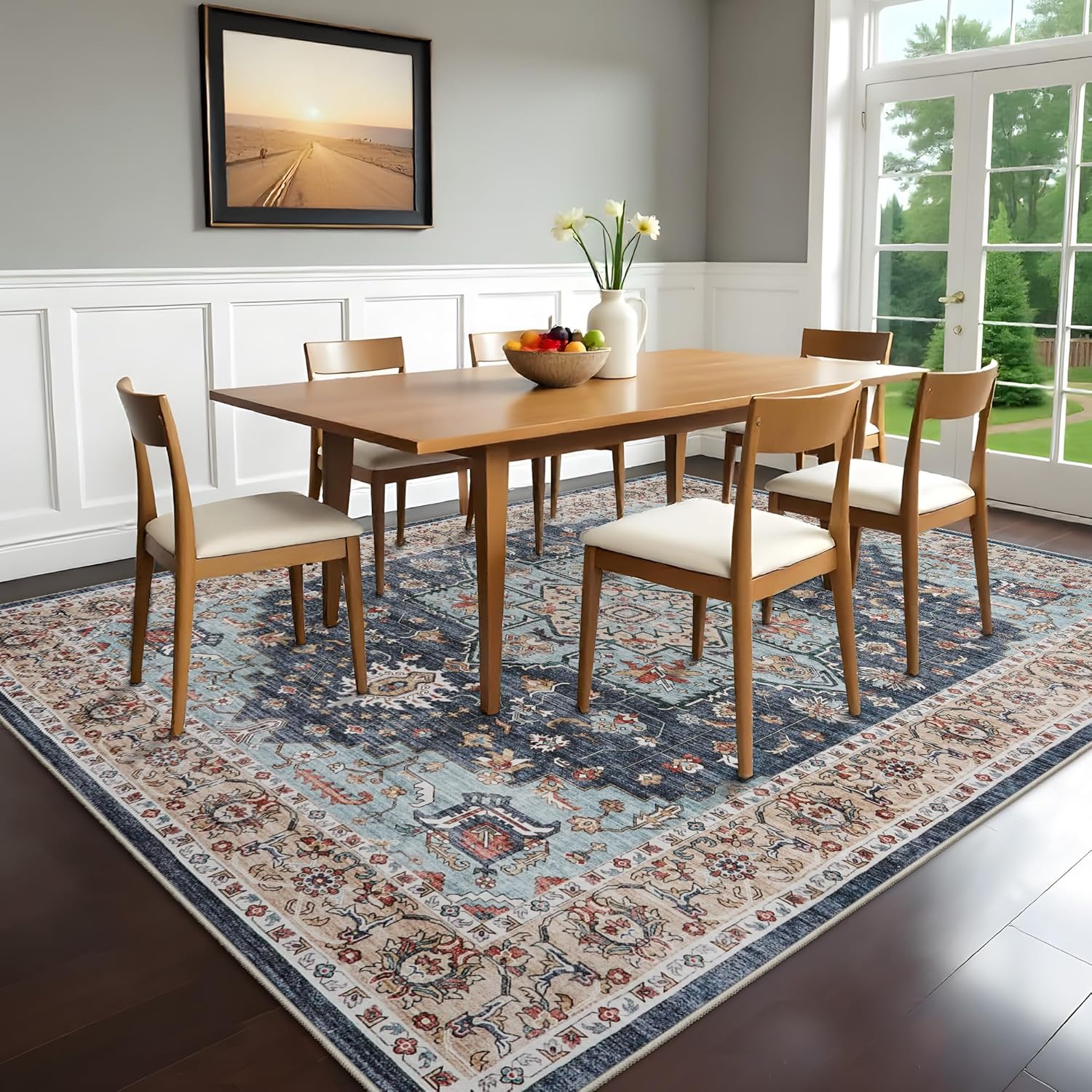 Washable Oriental Area Rug - 9x12 Rugs for Living Room Soft Carpet for Bedroom Waterproof Floral Distressed Indoor Stain Resistant Non-Shedding Floor Carpets (Green, 9x12)