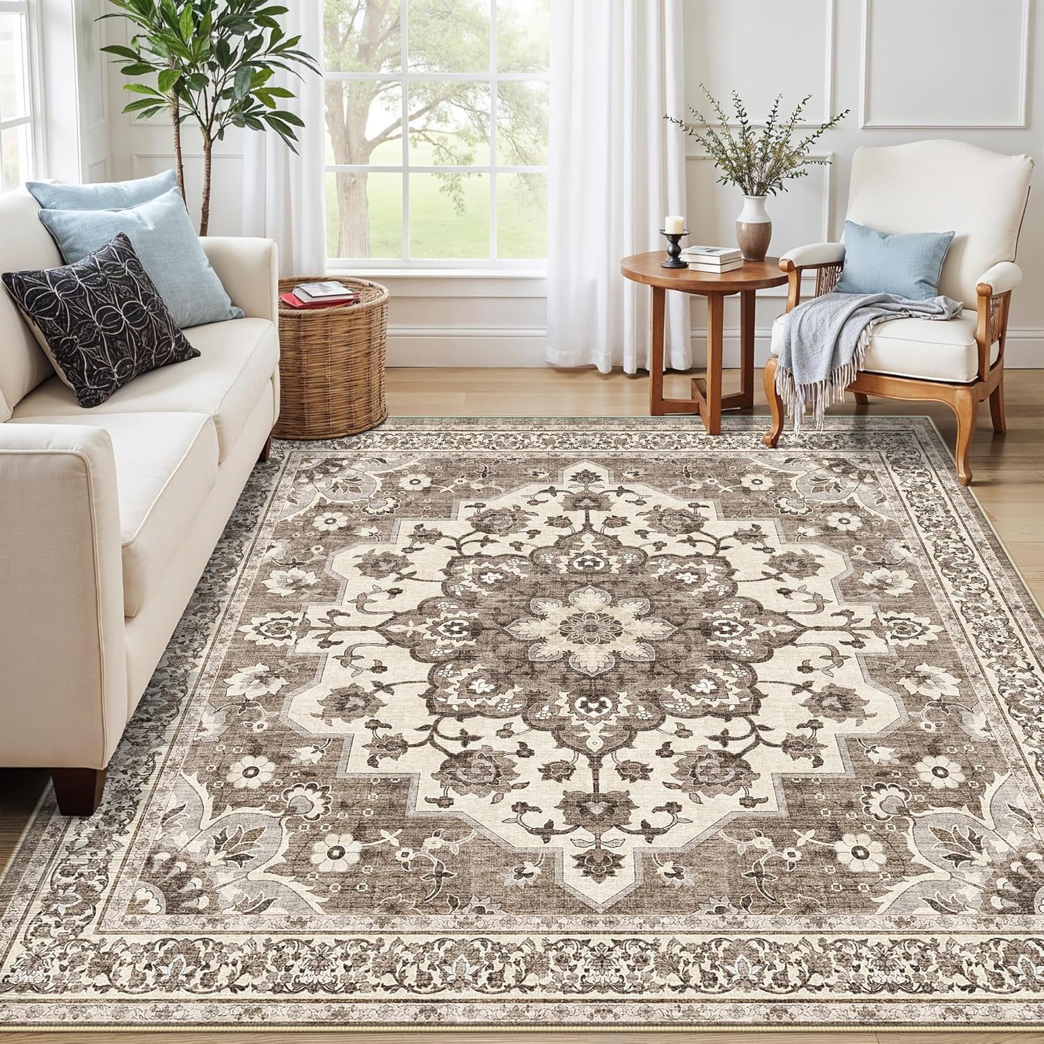 Washable Oriental Area Rug - 9x12 Rugs for Living Room Soft Carpet for Bedroom Waterproof Floral Distressed Indoor Stain Resistant Non-Shedding Floor Carpets (Green, 9x12)