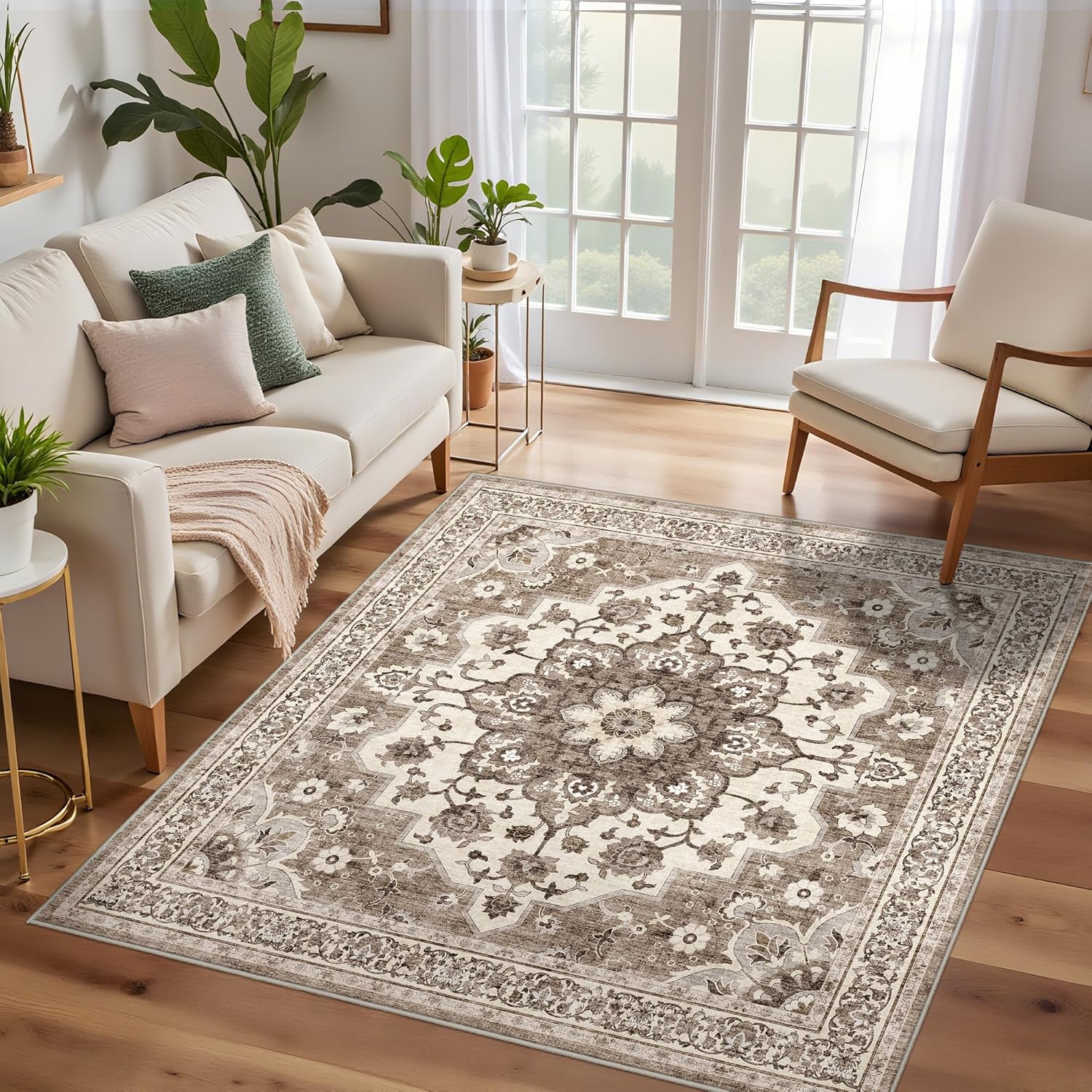 Washable Oriental Area Rug - 9x12 Rugs for Living Room Soft Carpet for Bedroom Waterproof Floral Distressed Indoor Stain Resistant Non-Shedding Floor Carpets (Green, 9x12)