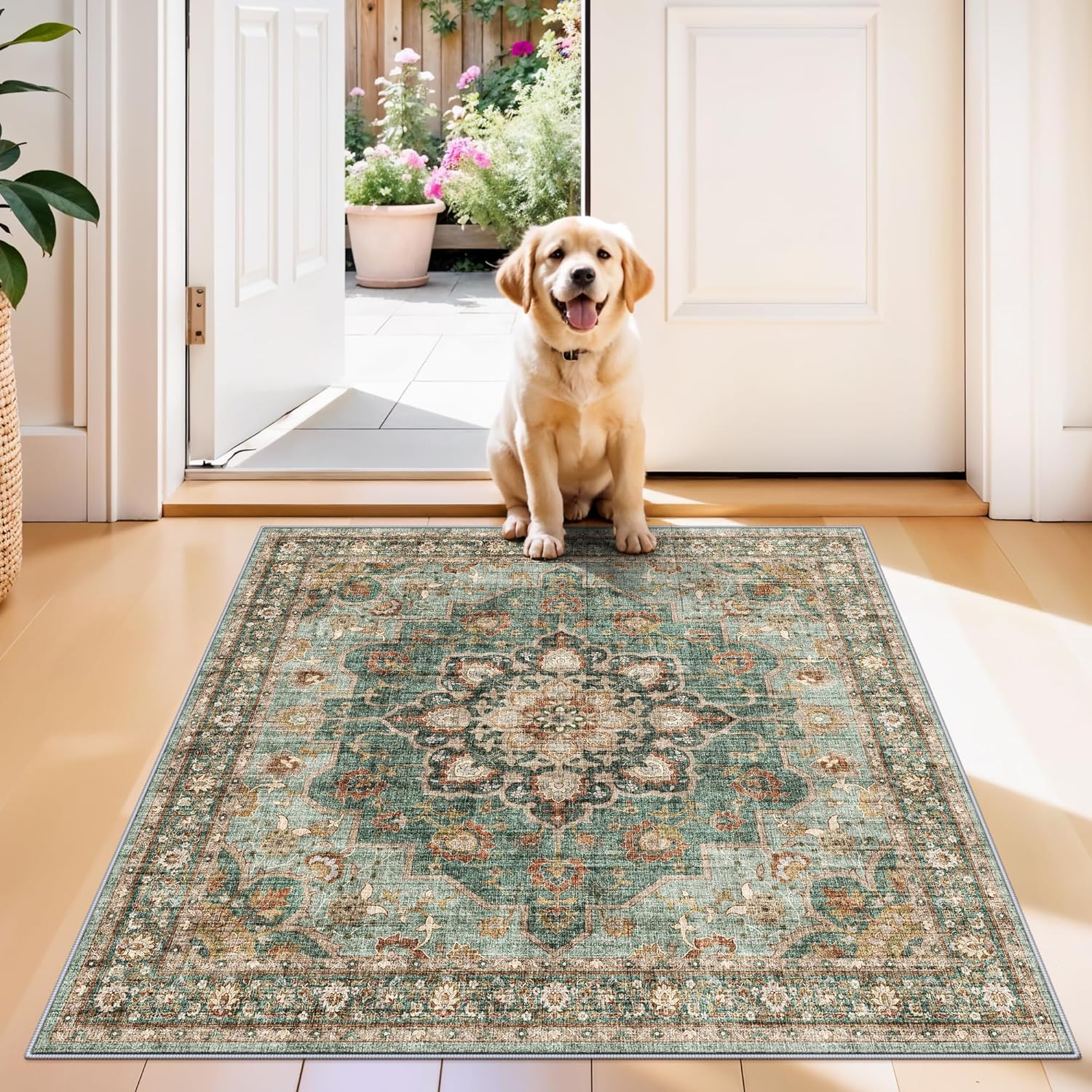 Washable Oriental Area Rug - 9x12 Rugs for Living Room Soft Carpet for Bedroom Waterproof Floral Distressed Indoor Stain Resistant Non-Shedding Floor Carpets (Green, 9x12)