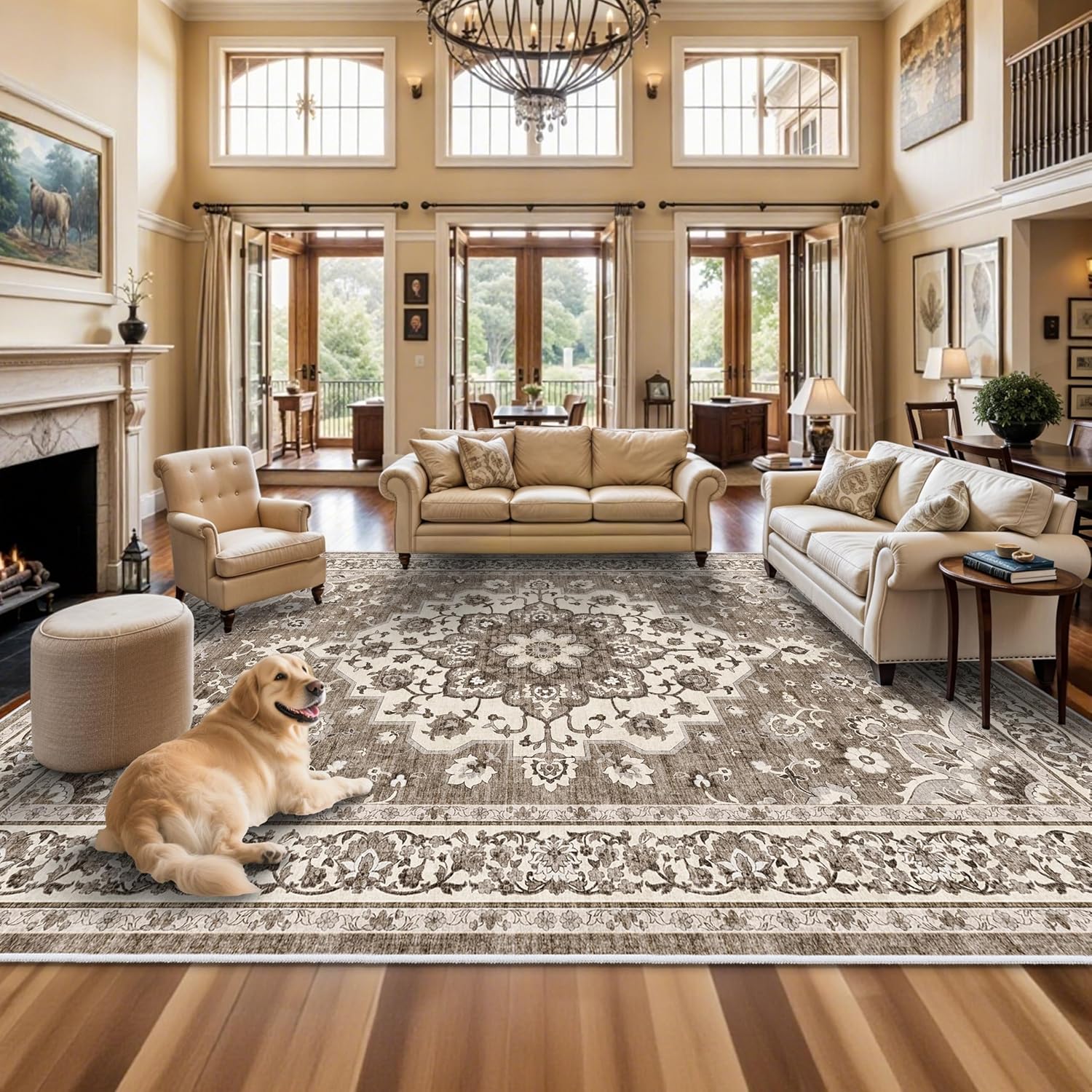 Washable Oriental Area Rug - 9x12 Rugs for Living Room Soft Carpet for Bedroom Waterproof Floral Distressed Indoor Stain Resistant Non-Shedding Floor Carpets (Green, 9x12)