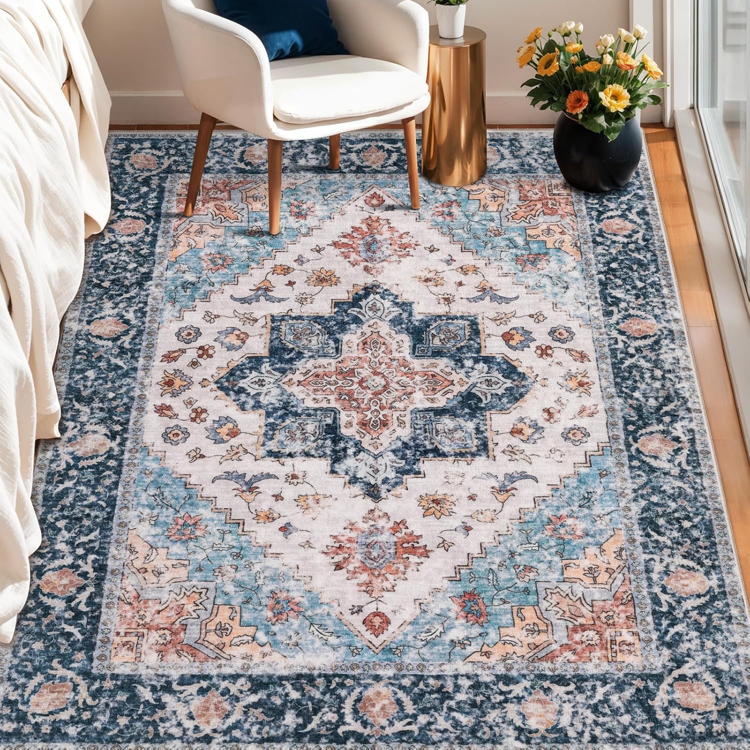 SERISSA Washable Rugs 8x10 Area Rugs, Large Non-Slip Boho Living Room Rust Rug, Ultra Soft Vintage Print Distressed Oriental Tribal Farmhouse Carpet for Dining Room Bedroom Dorm Office Home Decor