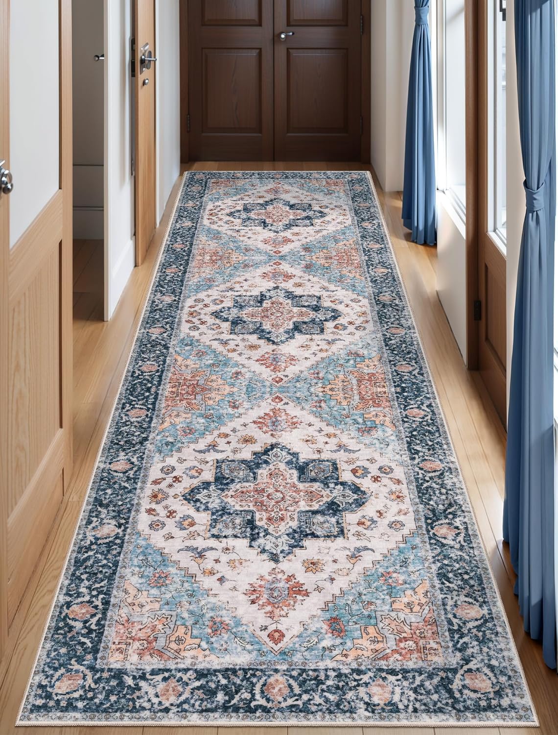 SERISSA Washable Rugs 8x10 Area Rugs, Large Non-Slip Boho Living Room Rust Rug, Ultra Soft Vintage Print Distressed Oriental Tribal Farmhouse Carpet for Dining Room Bedroom Dorm Office Home Decor