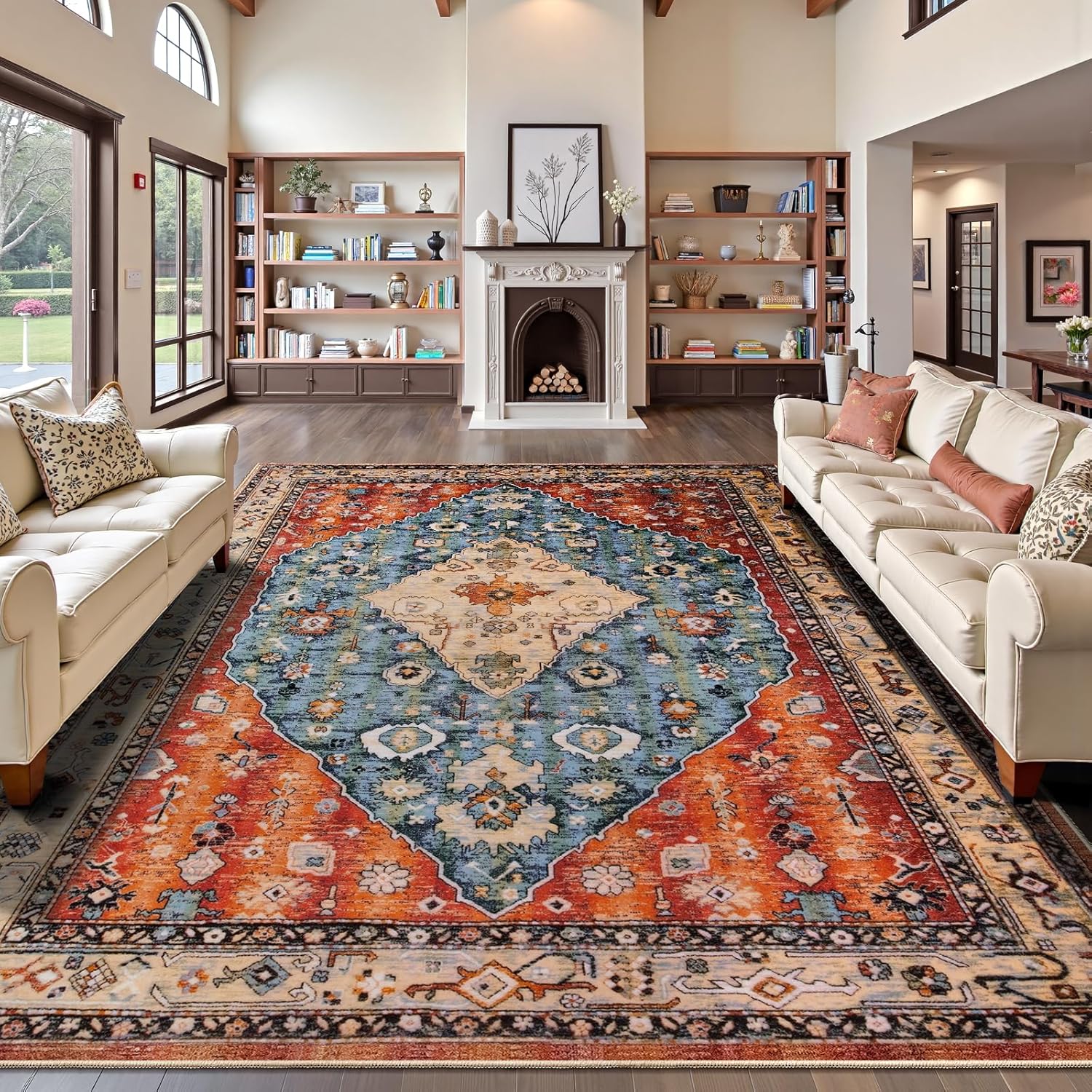 SERISSA Washable Rugs 8x10 Area Rugs, Large Non-Slip Boho Living Room Rust Rug, Ultra Soft Vintage Print Distressed Oriental Tribal Farmhouse Carpet for Dining Room Bedroom Dorm Office Home Decor
