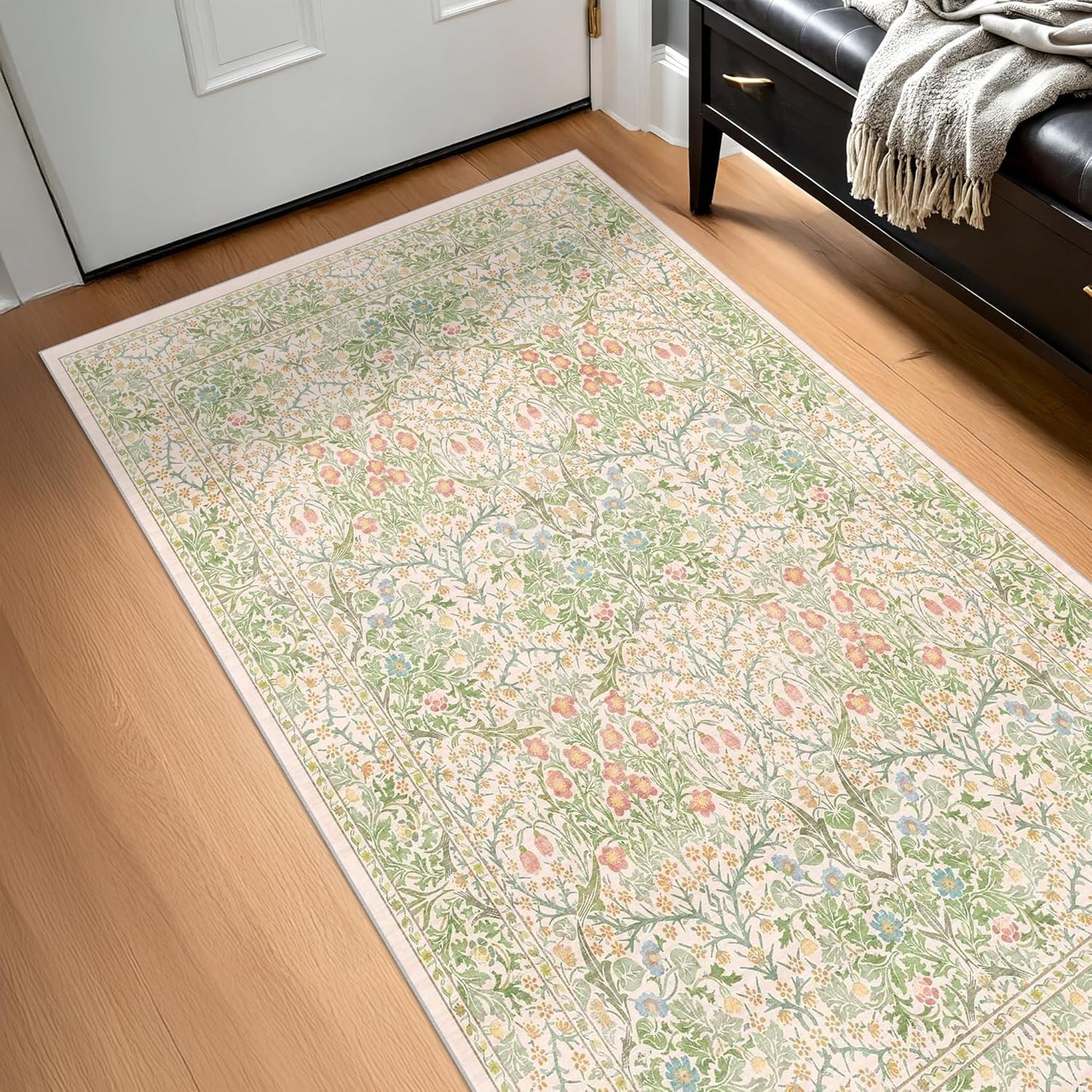 Vintage Dark Green Living Room Rug, 8x10 Washable Area Rugs for Dining Room Under Kitchen Table, Bedroom, Oriental Low Pile Stain Resistant Non-Slip Large Carpet (8x10 Dark Green)