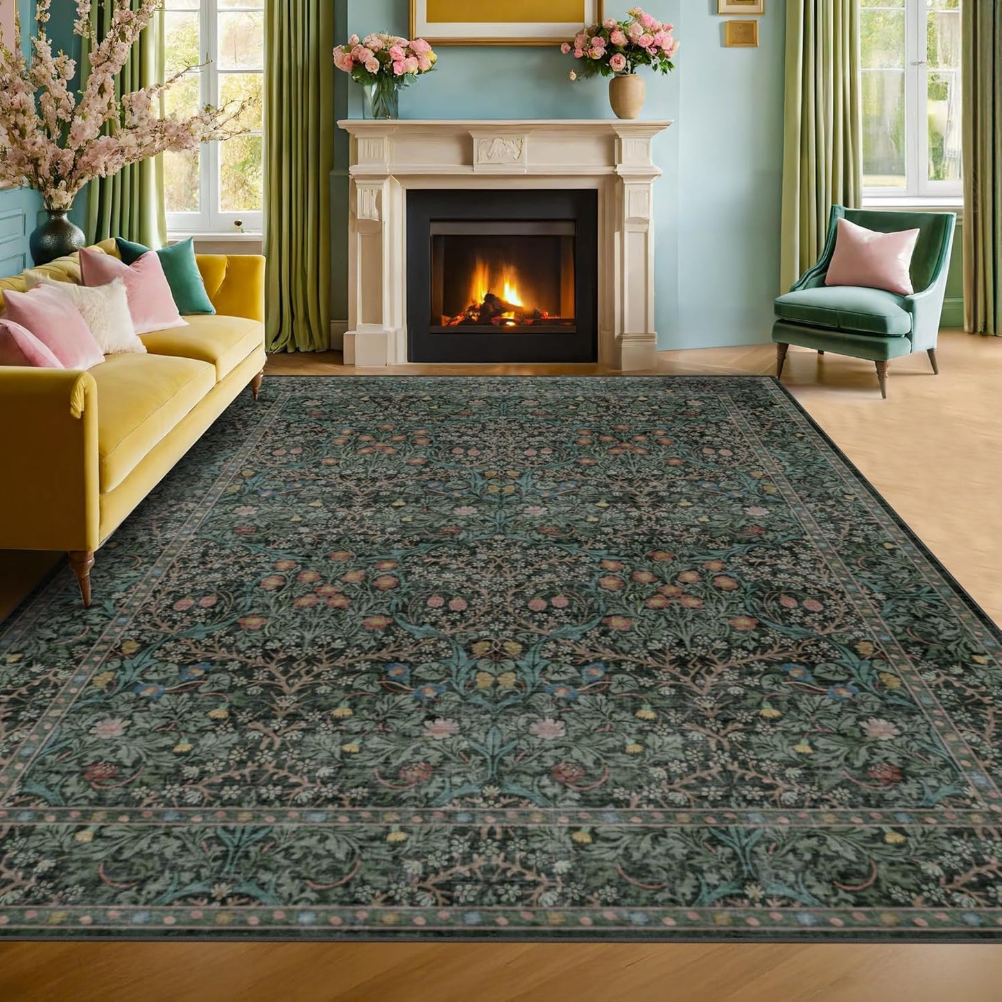 Vintage Dark Green Living Room Rug, 8x10 Washable Area Rugs for Dining Room Under Kitchen Table, Bedroom, Oriental Low Pile Stain Resistant Non-Slip Large Carpet (8x10 Dark Green)