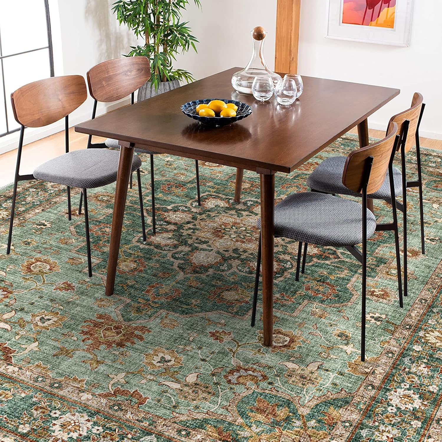 Washable Oriental Area Rug - 9x12 Rugs for Living Room Soft Carpet for Bedroom Waterproof Floral Distressed Indoor Stain Resistant Non-Shedding Floor Carpets (Green, 9x12)