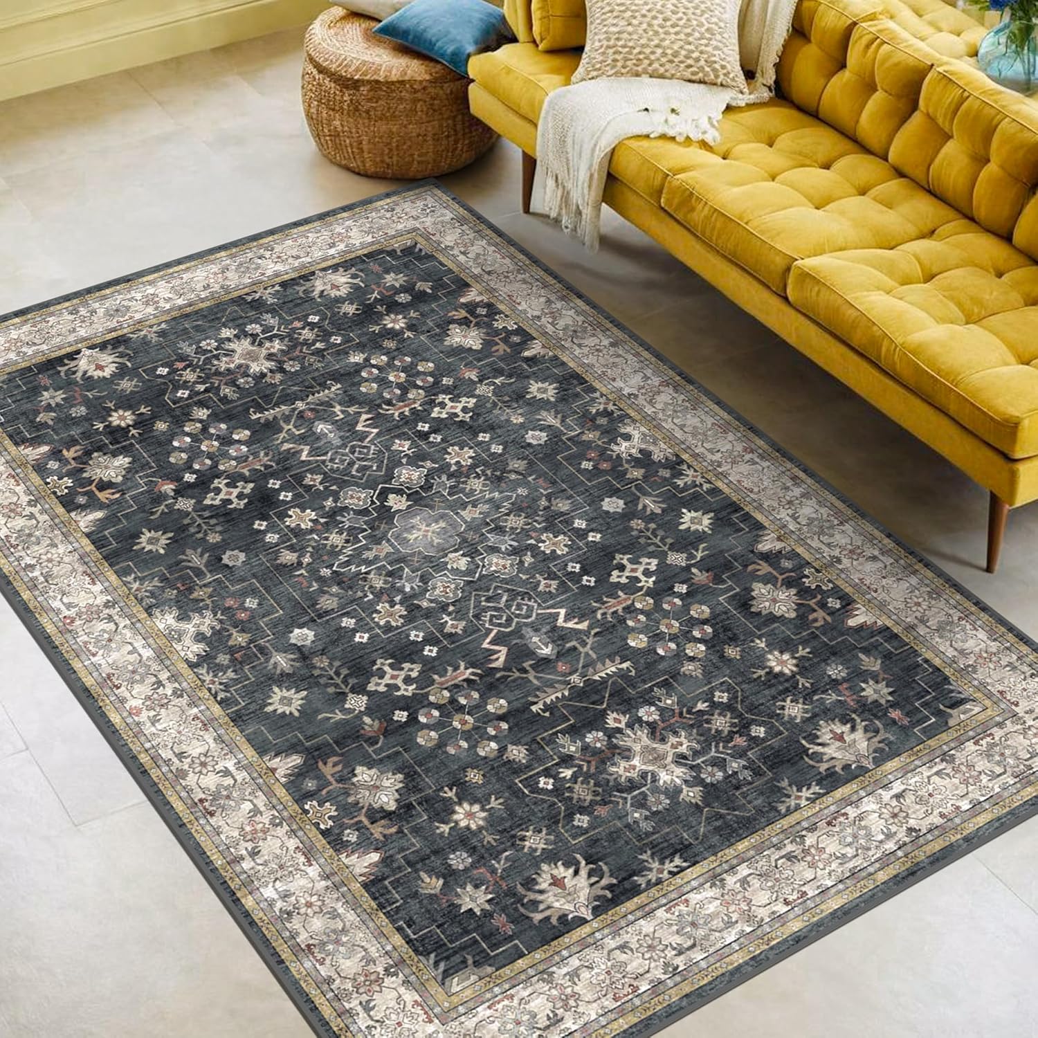 Black Farmhouse Washable 8x10 Area Rugs for Living Room, Bedroom, Dining Room Kitchen Table Rug for Under Table, Office, Dark Charcoal Tumble Stain Resistant Non-Slip Large Washable (8x10 Black/Multi)