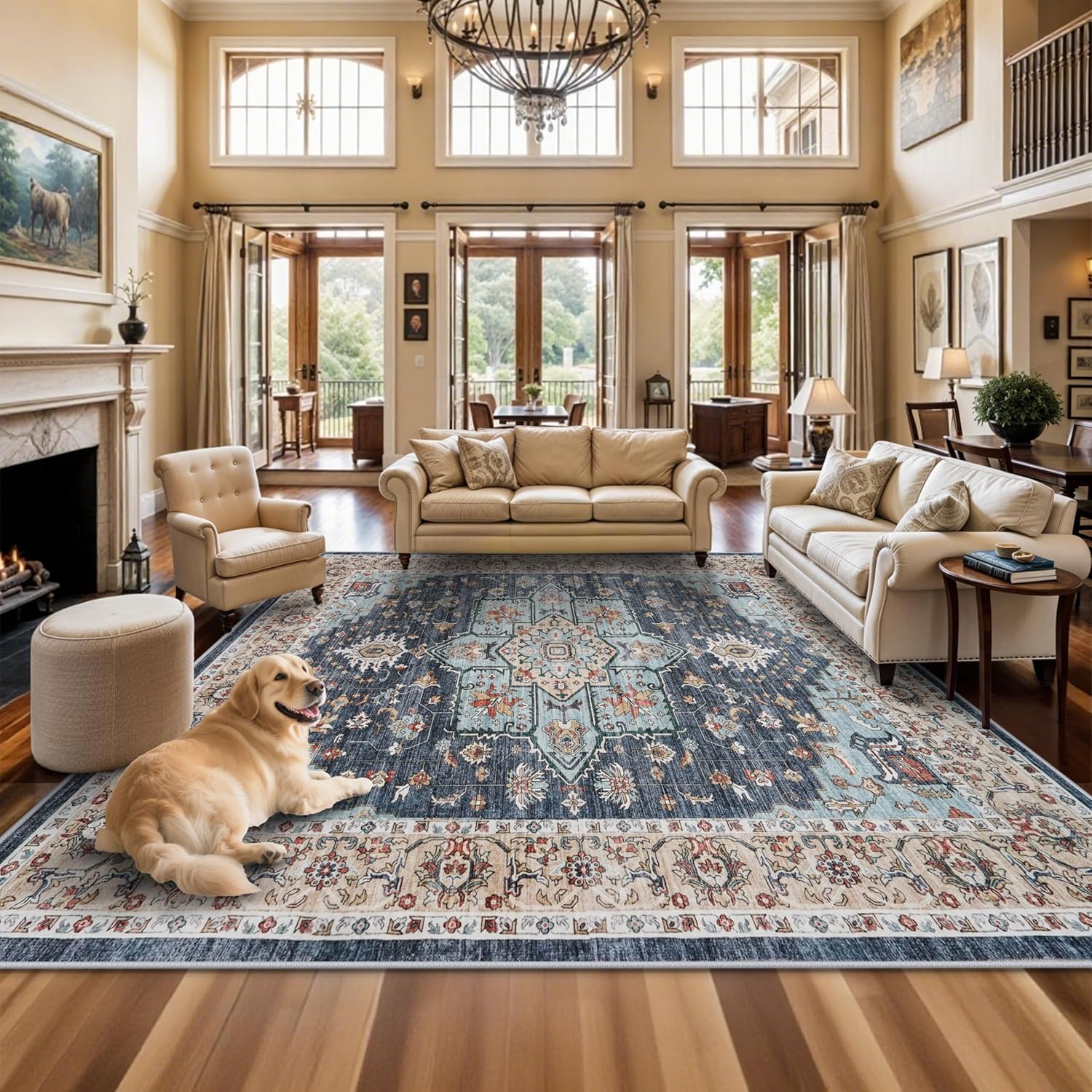 Washable Oriental Area Rug - 9x12 Rugs for Living Room Soft Carpet for Bedroom Waterproof Floral Distressed Indoor Stain Resistant Non-Shedding Floor Carpets (Green, 9x12)