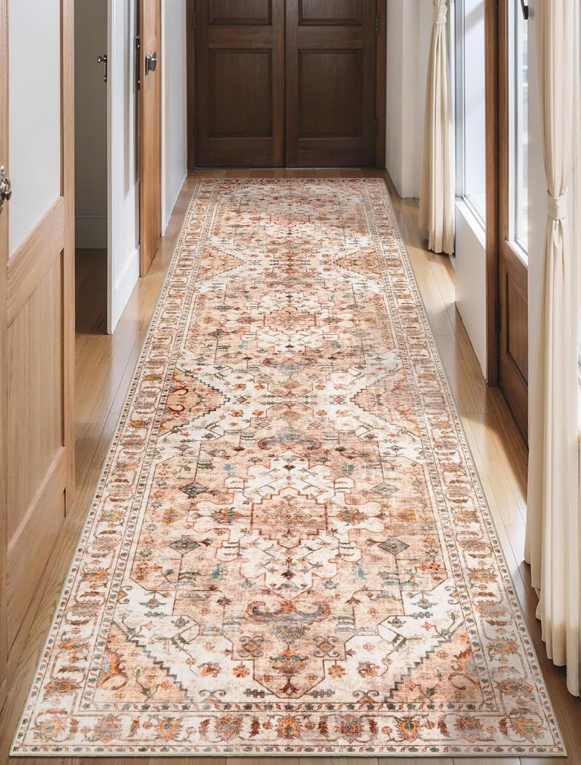 SERISSA Washable Rugs 8x10 Area Rugs, Large Non-Slip Boho Living Room Rust Rug, Ultra Soft Vintage Print Distressed Oriental Tribal Farmhouse Carpet for Dining Room Bedroom Dorm Office Home Decor