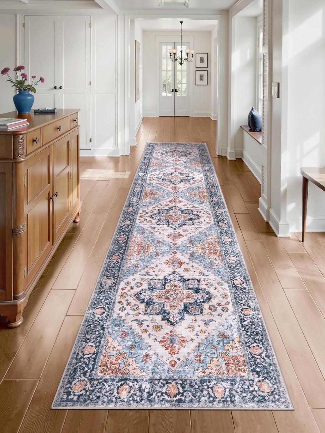 SERISSA Washable Rugs 8x10 Area Rugs, Large Non-Slip Boho Living Room Rust Rug, Ultra Soft Vintage Print Distressed Oriental Tribal Farmhouse Carpet for Dining Room Bedroom Dorm Office Home Decor