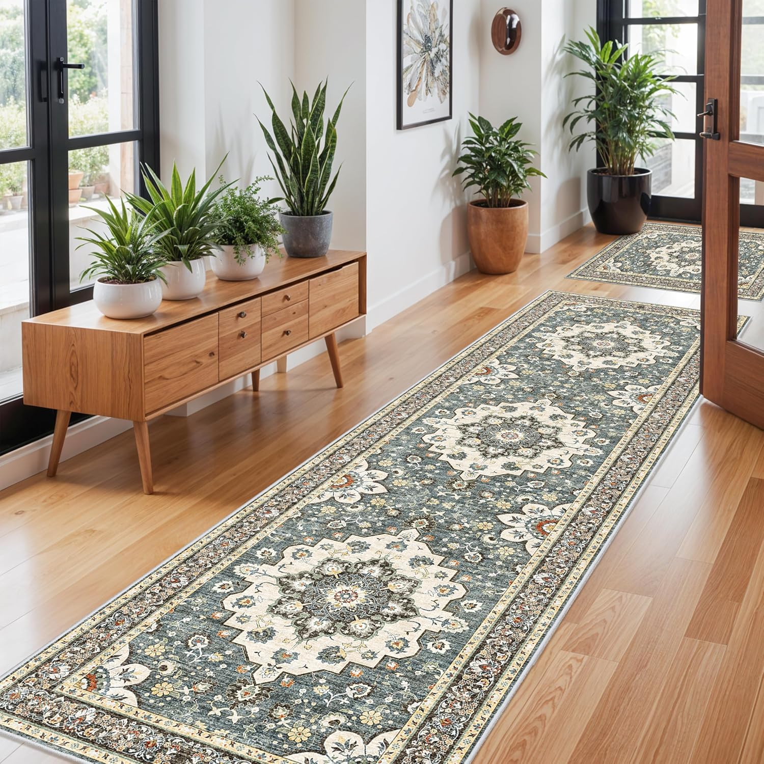 Washable Oriental Area Rug - 9x12 Rugs for Living Room Soft Carpet for Bedroom Waterproof Floral Distressed Indoor Stain Resistant Non-Shedding Floor Carpets (Green, 9x12)
