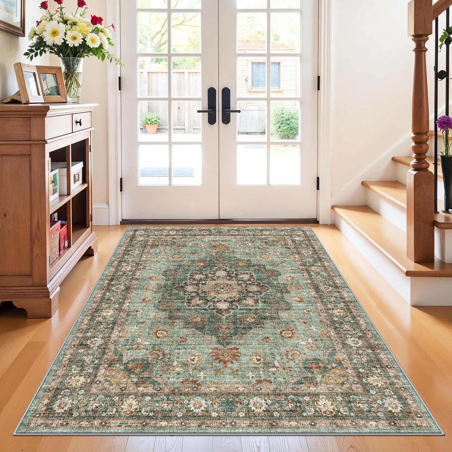 Washable Oriental Area Rug - 9x12 Rugs for Living Room Soft Carpet for Bedroom Waterproof Floral Distressed Indoor Stain Resistant Non-Shedding Floor Carpets (Green, 9x12)