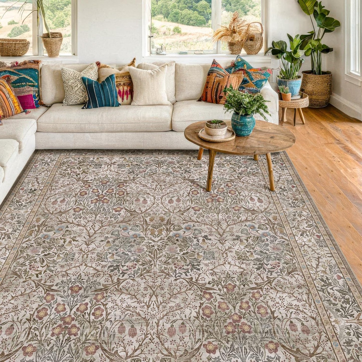 Vintage Dark Green Living Room Rug, 8x10 Washable Area Rugs for Dining Room Under Kitchen Table, Bedroom, Oriental Low Pile Stain Resistant Non-Slip Large Carpet (8x10 Dark Green)