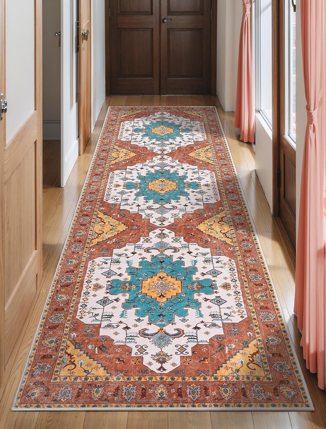 SERISSA Washable Rugs 8x10 Area Rugs, Large Non-Slip Boho Living Room Rust Rug, Ultra Soft Vintage Print Distressed Oriental Tribal Farmhouse Carpet for Dining Room Bedroom Dorm Office Home Decor