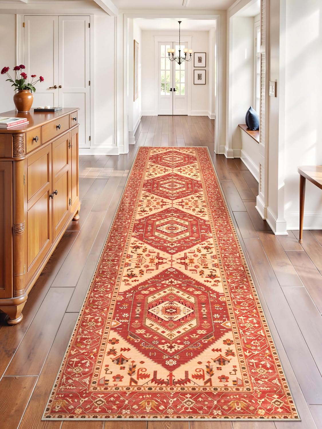 SERISSA Washable Rugs 8x10 Area Rugs, Large Non-Slip Boho Living Room Rust Rug, Ultra Soft Vintage Print Distressed Oriental Tribal Farmhouse Carpet for Dining Room Bedroom Dorm Office Home Decor