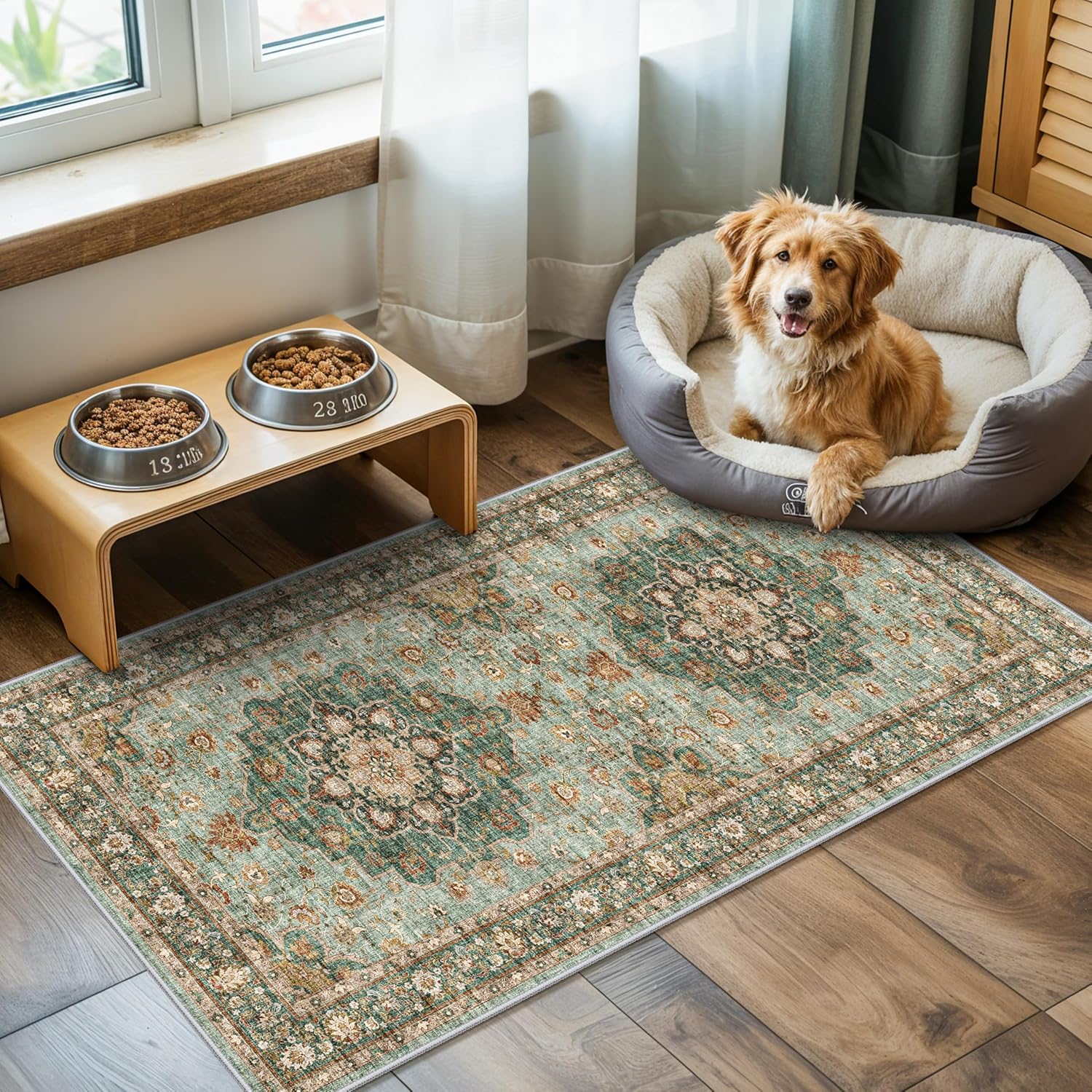 Washable Oriental Area Rug - 9x12 Rugs for Living Room Soft Carpet for Bedroom Waterproof Floral Distressed Indoor Stain Resistant Non-Shedding Floor Carpets (Green, 9x12)