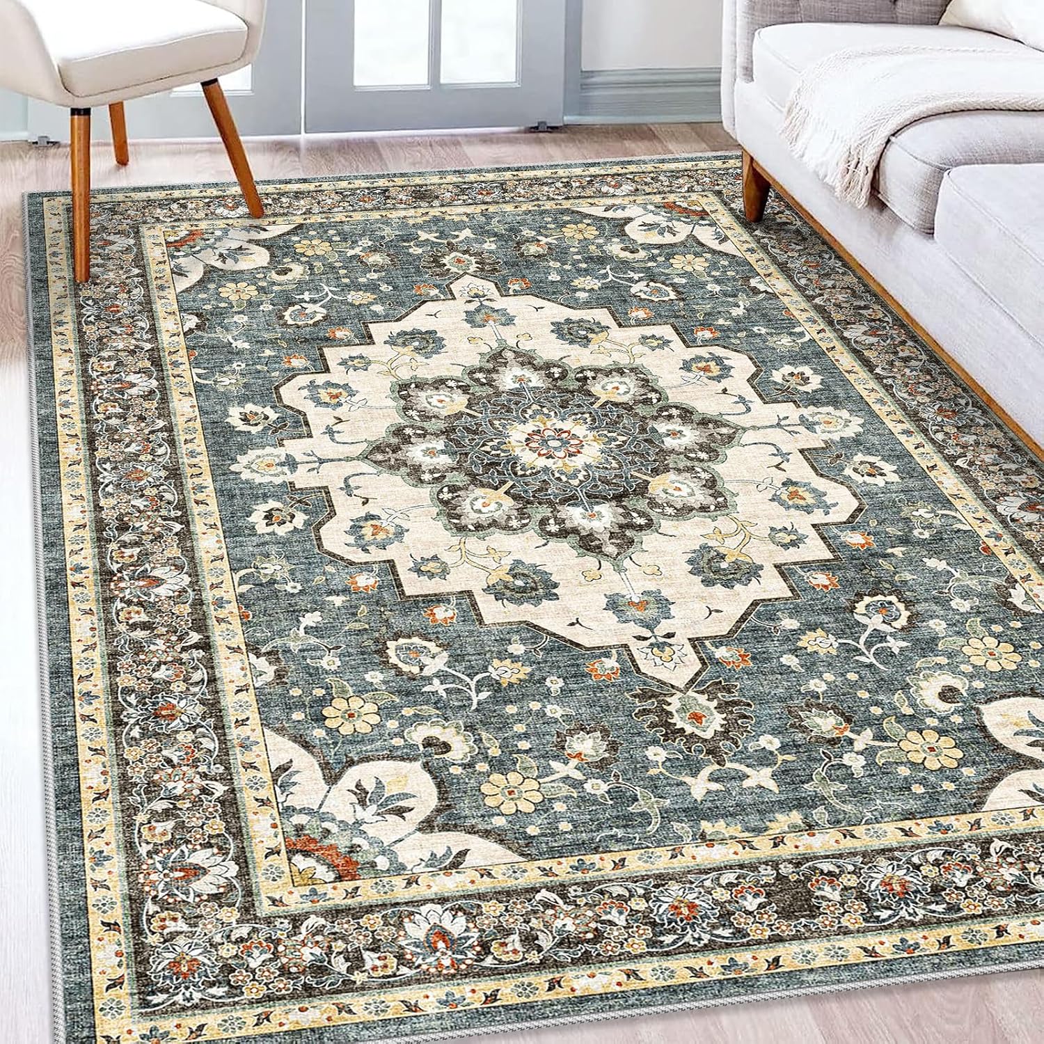 Washable Oriental Area Rug - 9x12 Rugs for Living Room Soft Carpet for Bedroom Waterproof Floral Distressed Indoor Stain Resistant Non-Shedding Floor Carpets (Green, 9x12)