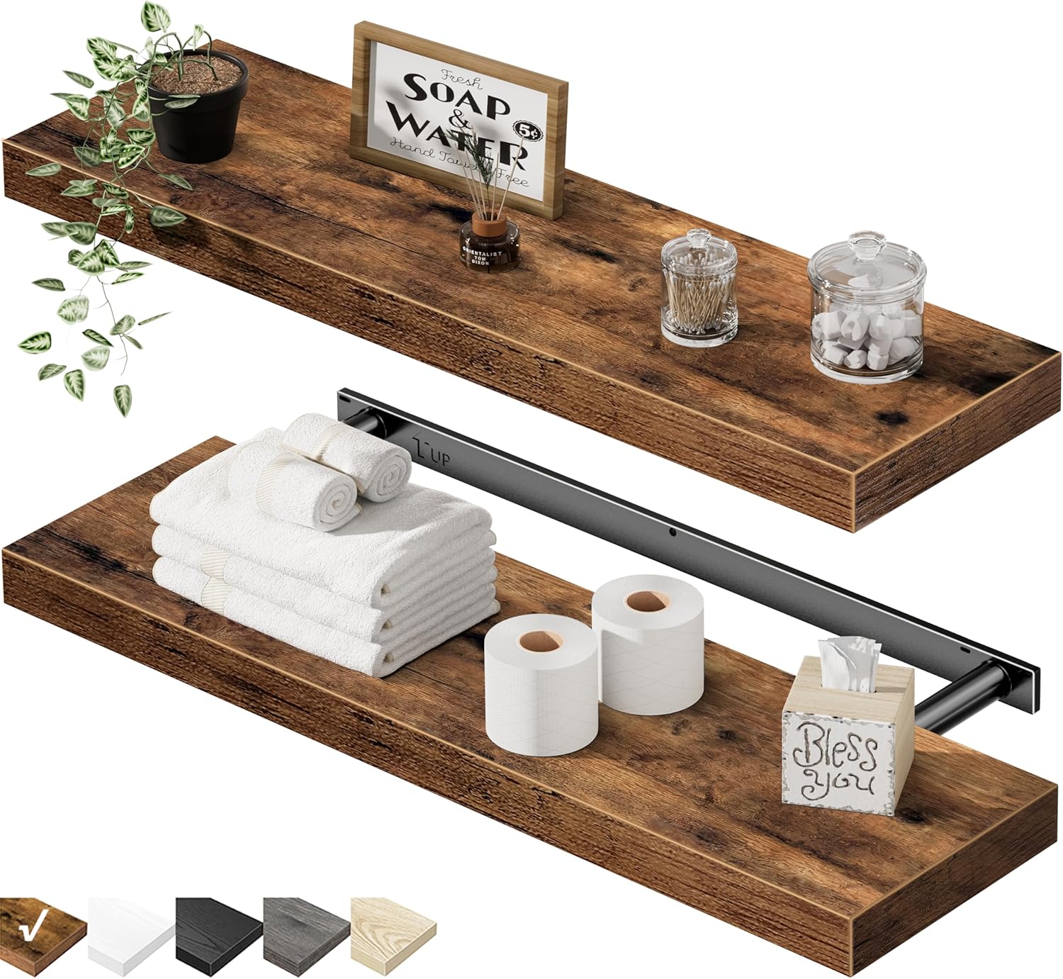 QEEIG Floating Shelves for Wall 35.4" Long - Wall Mounted Shelf Bathroom Kitchen Living Room Bedroom Farmhouse Home Decor Display Bookshelf Large 35.4 x 9.3 inch Set of 2, Rustic Brown (008-90BN)