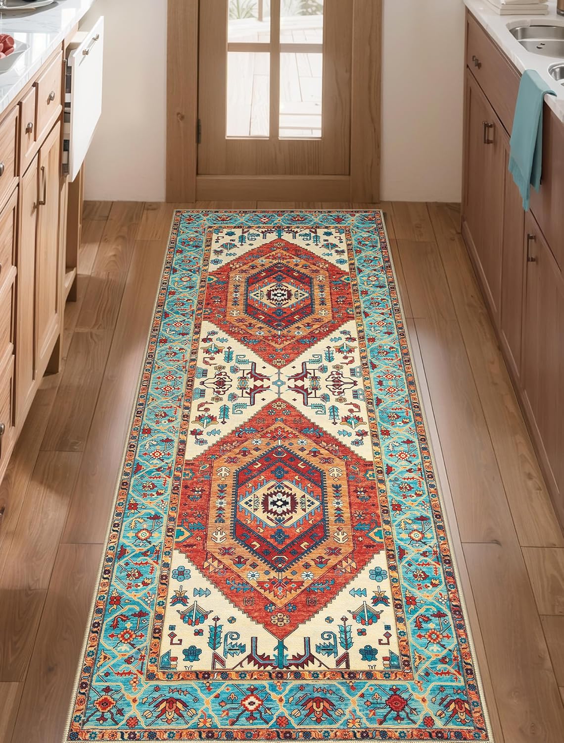 SERISSA Washable Rugs 8x10 Area Rugs, Large Non-Slip Boho Living Room Rust Rug, Ultra Soft Vintage Print Distressed Oriental Tribal Farmhouse Carpet for Dining Room Bedroom Dorm Office Home Decor