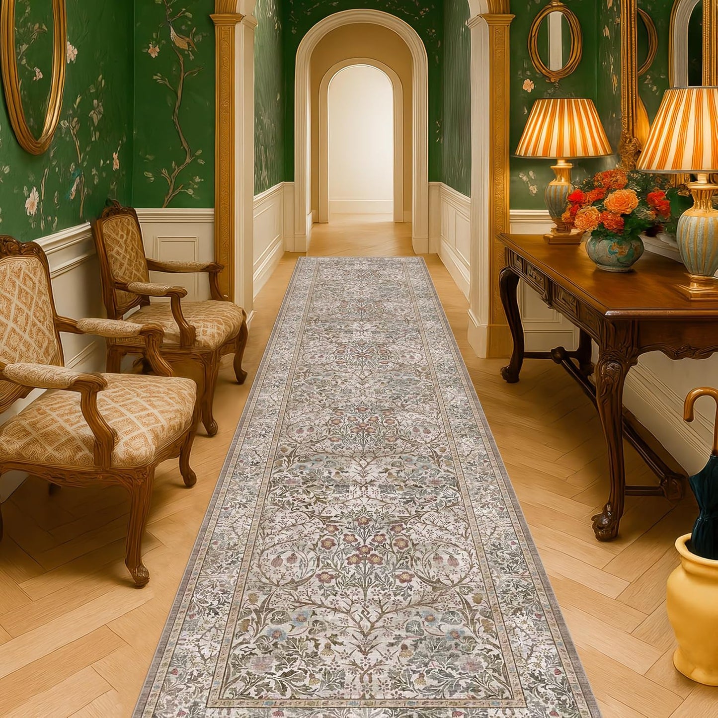 Vintage Dark Green Living Room Rug, 8x10 Washable Area Rugs for Dining Room Under Kitchen Table, Bedroom, Oriental Low Pile Stain Resistant Non-Slip Large Carpet (8x10 Dark Green)