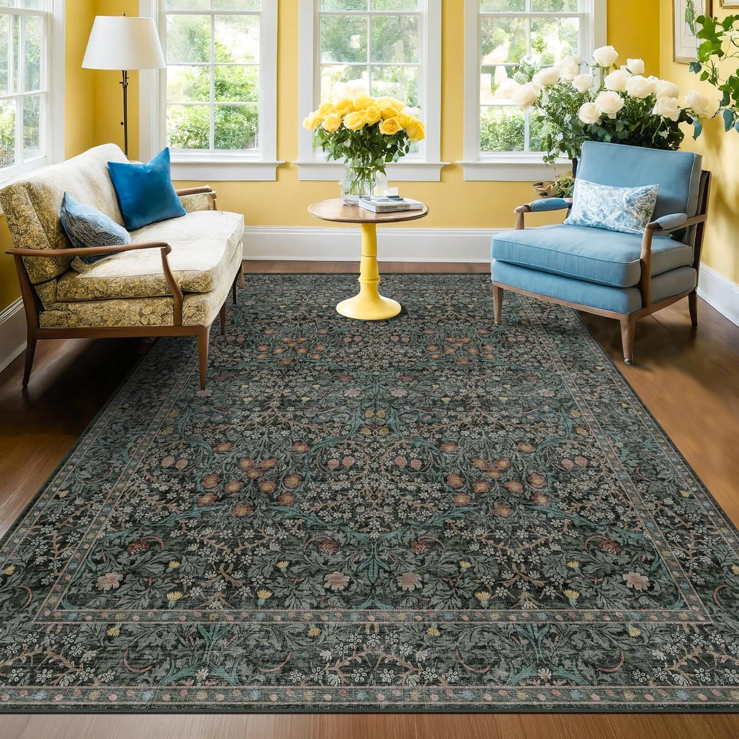 Vintage Dark Green Living Room Rug, 8x10 Washable Area Rugs for Dining Room Under Kitchen Table, Bedroom, Oriental Low Pile Stain Resistant Non-Slip Large Carpet (8x10 Dark Green)