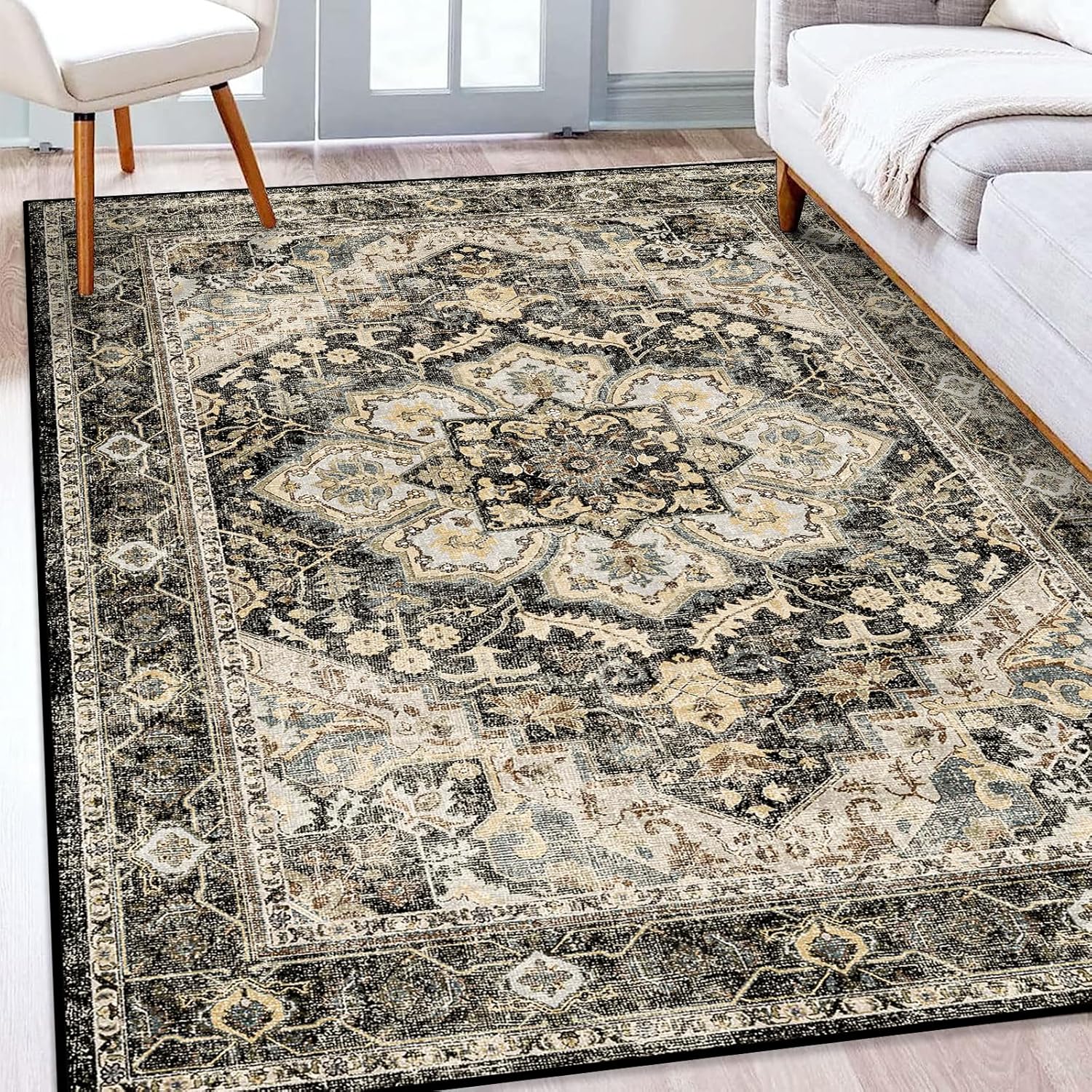 Washable Oriental Area Rug - 9x12 Rugs for Living Room Soft Carpet for Bedroom Waterproof Floral Distressed Indoor Stain Resistant Non-Shedding Floor Carpets (Green, 9x12)
