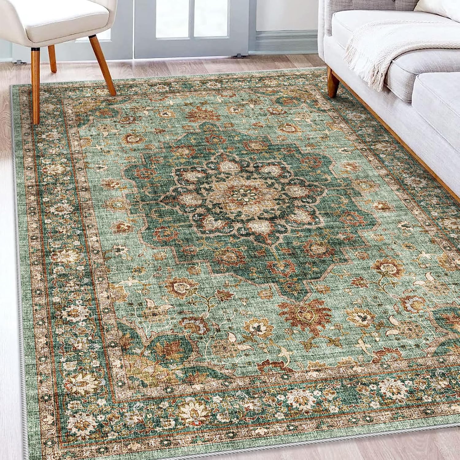 Washable Oriental Area Rug - 9x12 Rugs for Living Room Soft Carpet for Bedroom Waterproof Floral Distressed Indoor Stain Resistant Non-Shedding Floor Carpets (Green, 9x12)