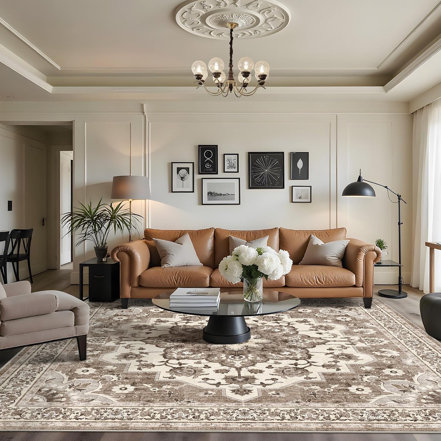 Washable Oriental Area Rug - 9x12 Rugs for Living Room Soft Carpet for Bedroom Waterproof Floral Distressed Indoor Stain Resistant Non-Shedding Floor Carpets (Green, 9x12)