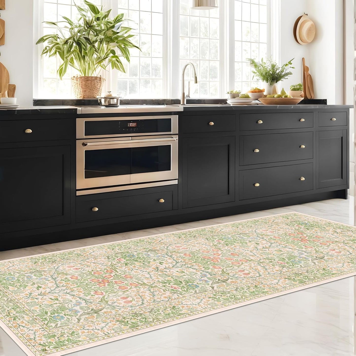 Vintage Dark Green Living Room Rug, 8x10 Washable Area Rugs for Dining Room Under Kitchen Table, Bedroom, Oriental Low Pile Stain Resistant Non-Slip Large Carpet (8x10 Dark Green)