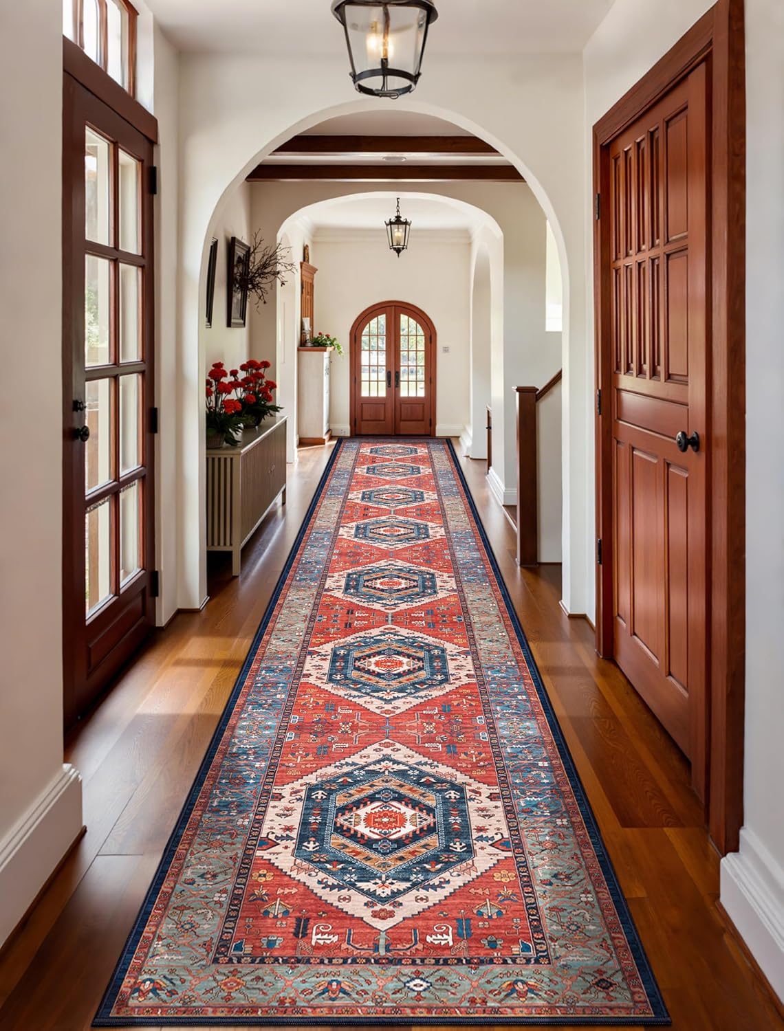 SERISSA Washable Rugs 8x10 Area Rugs, Large Non-Slip Boho Living Room Rust Rug, Ultra Soft Vintage Print Distressed Oriental Tribal Farmhouse Carpet for Dining Room Bedroom Dorm Office Home Decor