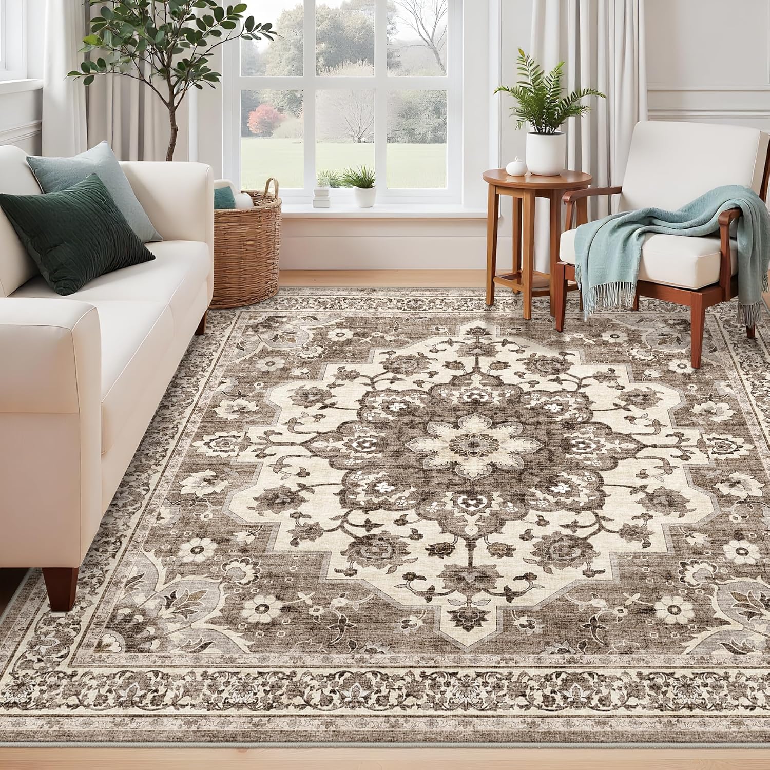 Washable Oriental Area Rug - 9x12 Rugs for Living Room Soft Carpet for Bedroom Waterproof Floral Distressed Indoor Stain Resistant Non-Shedding Floor Carpets (Green, 9x12)