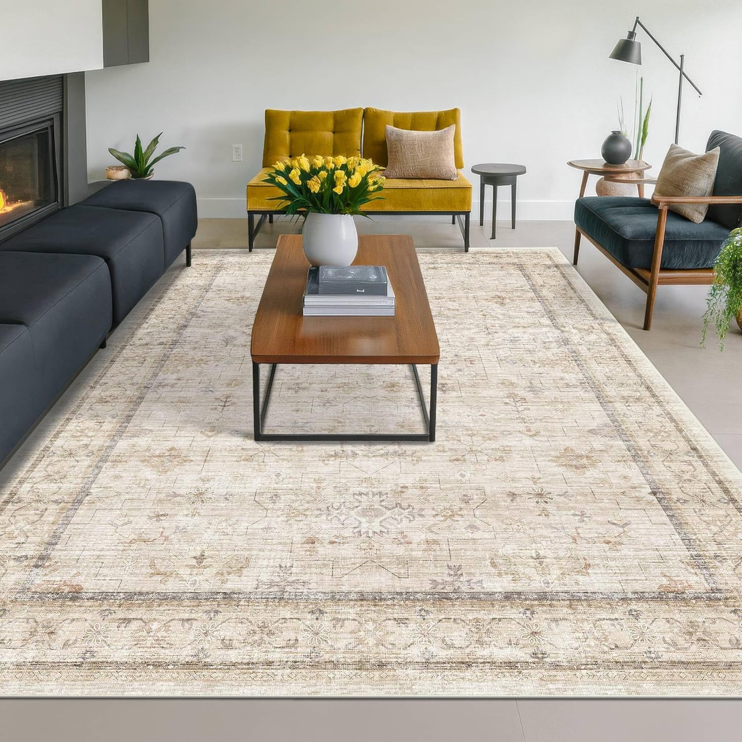 Black Farmhouse Washable 8x10 Area Rugs for Living Room, Bedroom, Dining Room Kitchen Table Rug for Under Table, Office, Dark Charcoal Tumble Stain Resistant Non-Slip Large Washable (8x10 Black/Multi)