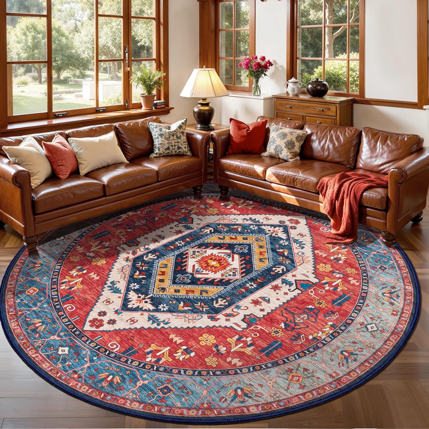 SERISSA Washable Rugs 8x10 Area Rugs, Large Non-Slip Boho Living Room Rust Rug, Ultra Soft Vintage Print Distressed Oriental Tribal Farmhouse Carpet for Dining Room Bedroom Dorm Office Home Decor