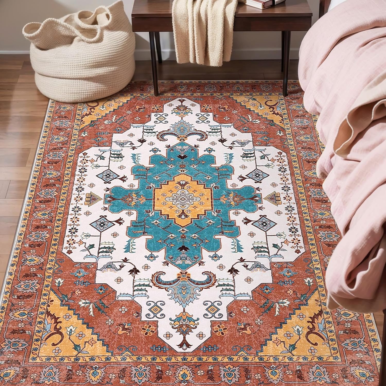 SERISSA Washable Rugs 8x10 Area Rugs, Large Non-Slip Boho Living Room Rust Rug, Ultra Soft Vintage Print Distressed Oriental Tribal Farmhouse Carpet for Dining Room Bedroom Dorm Office Home Decor