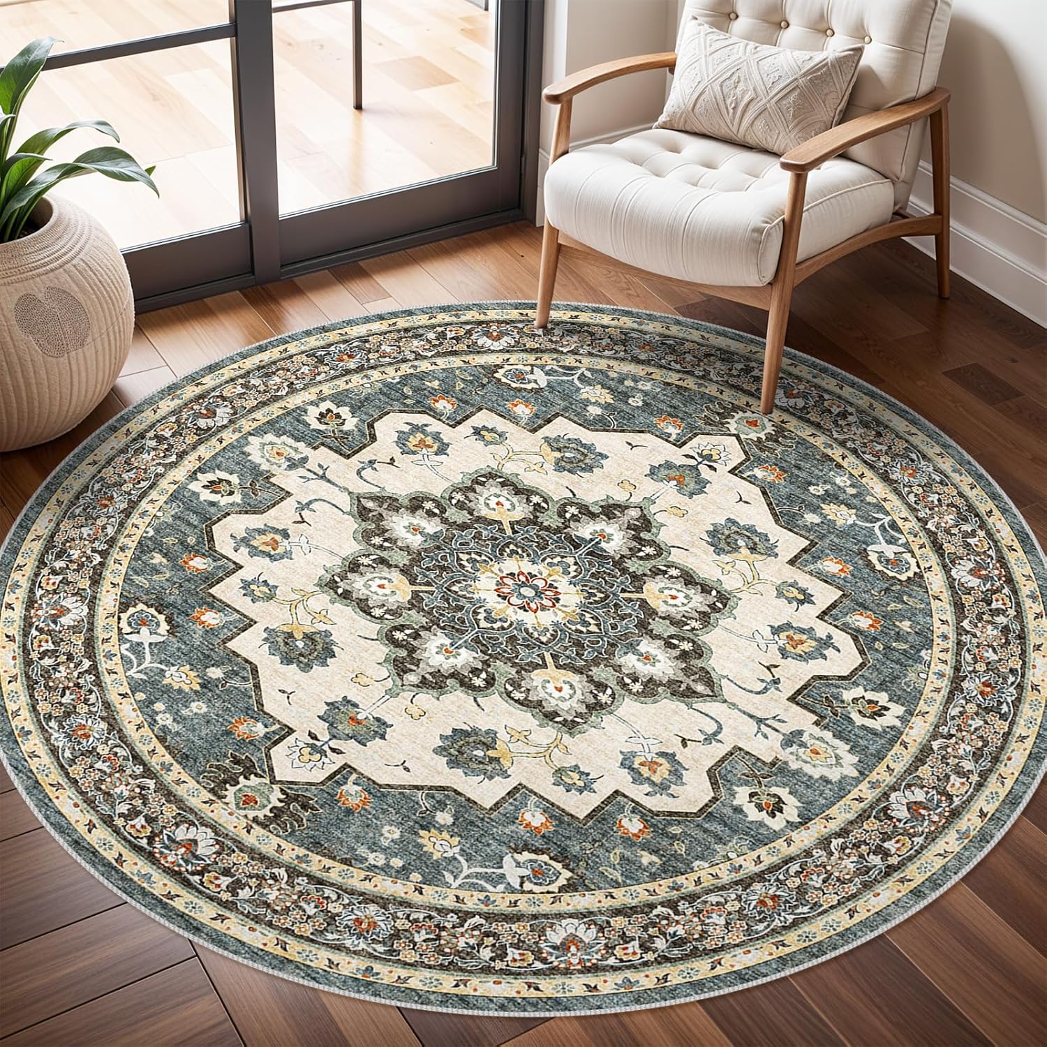 Washable Oriental Area Rug - 9x12 Rugs for Living Room Soft Carpet for Bedroom Waterproof Floral Distressed Indoor Stain Resistant Non-Shedding Floor Carpets (Green, 9x12)
