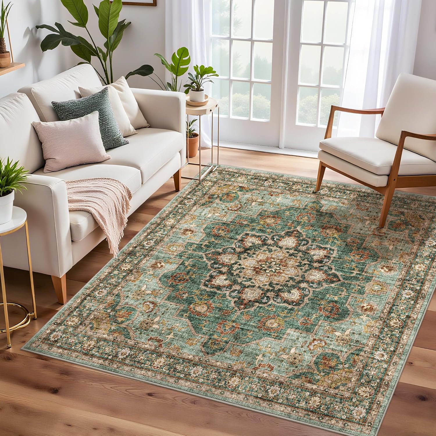 Washable Oriental Area Rug - 9x12 Rugs for Living Room Soft Carpet for Bedroom Waterproof Floral Distressed Indoor Stain Resistant Non-Shedding Floor Carpets (Green, 9x12)